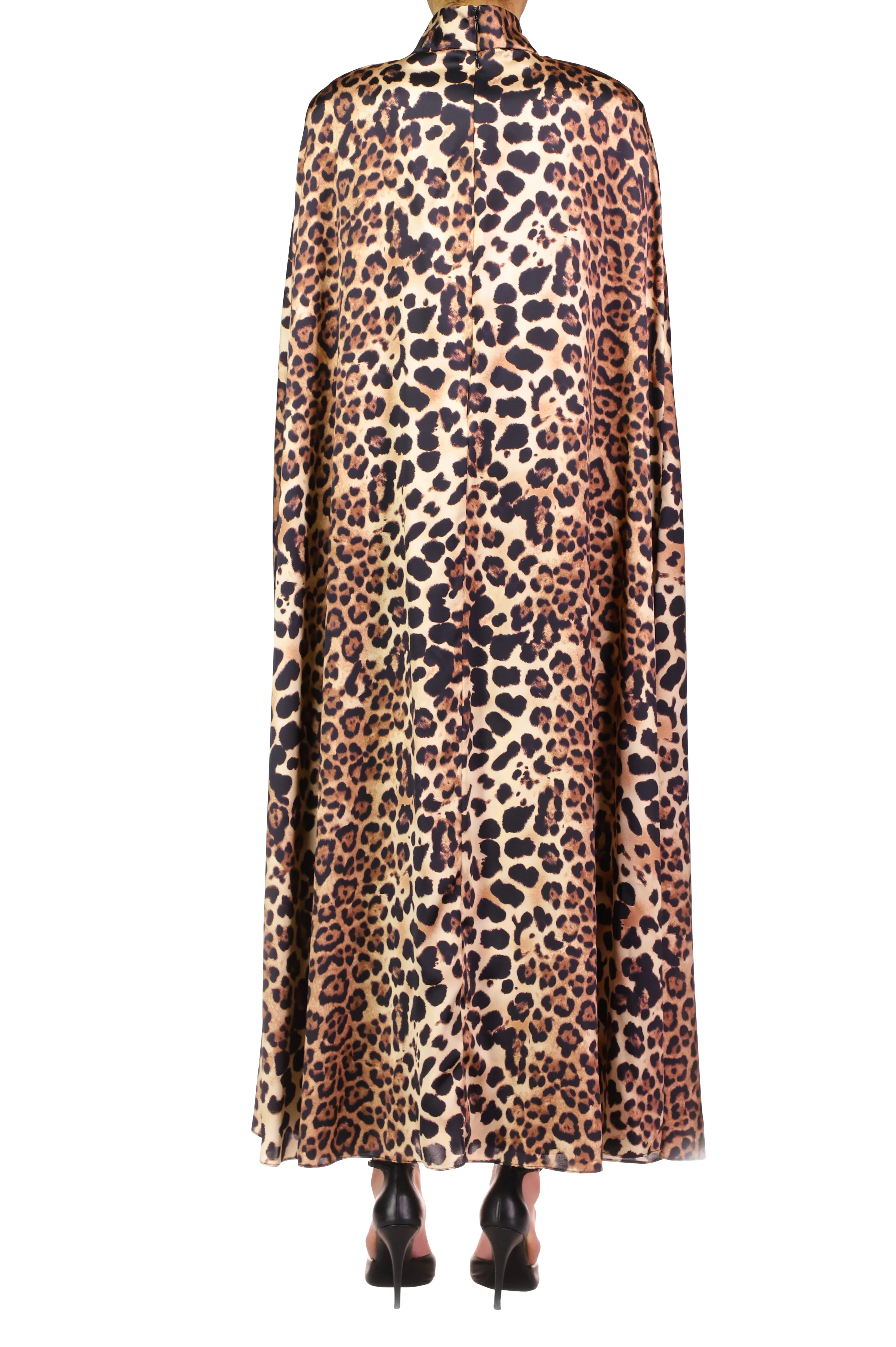 Leopard Printed Silk Satin Cape Dress