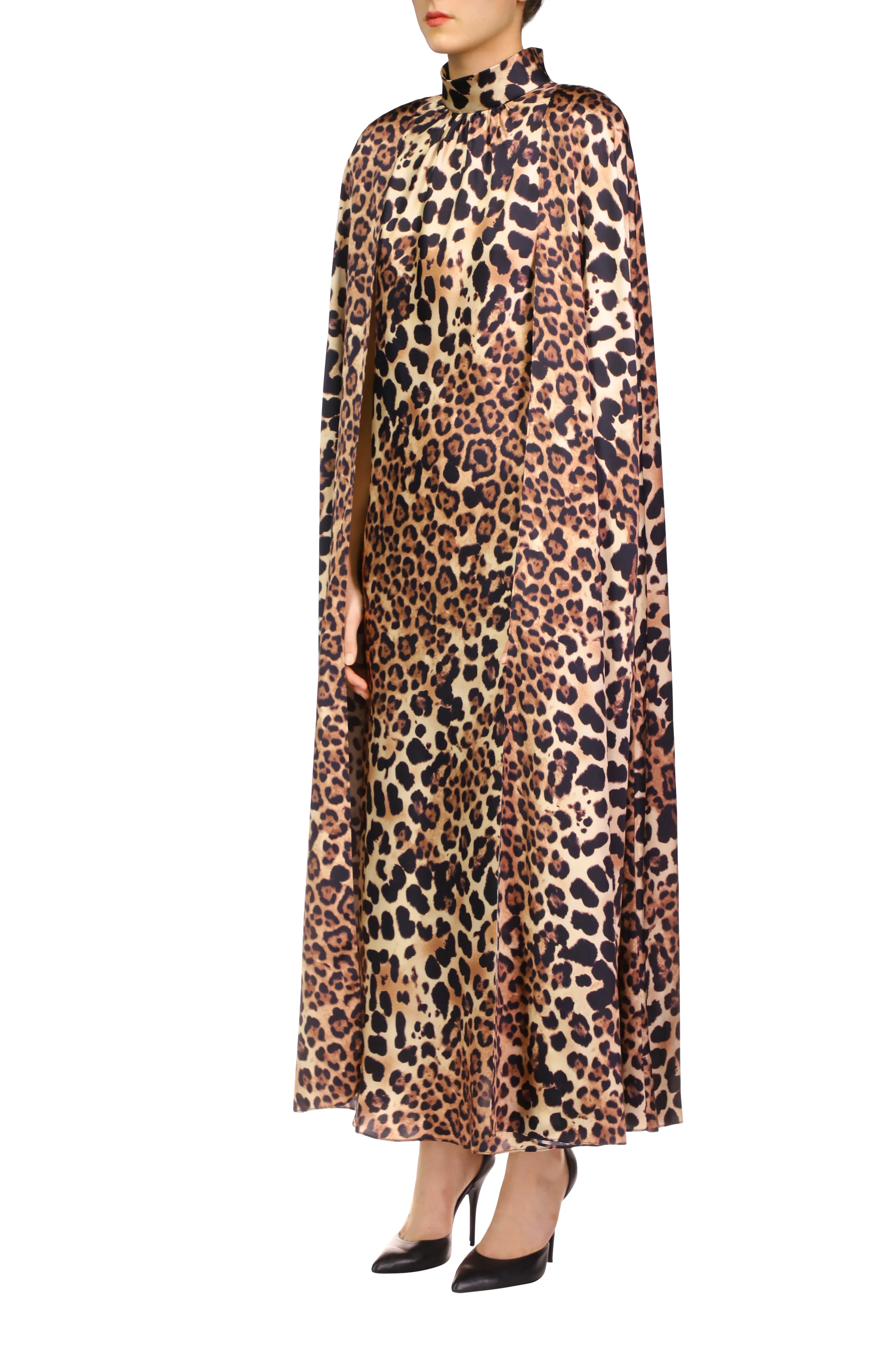 Leopard Printed Silk Satin Cape Dress