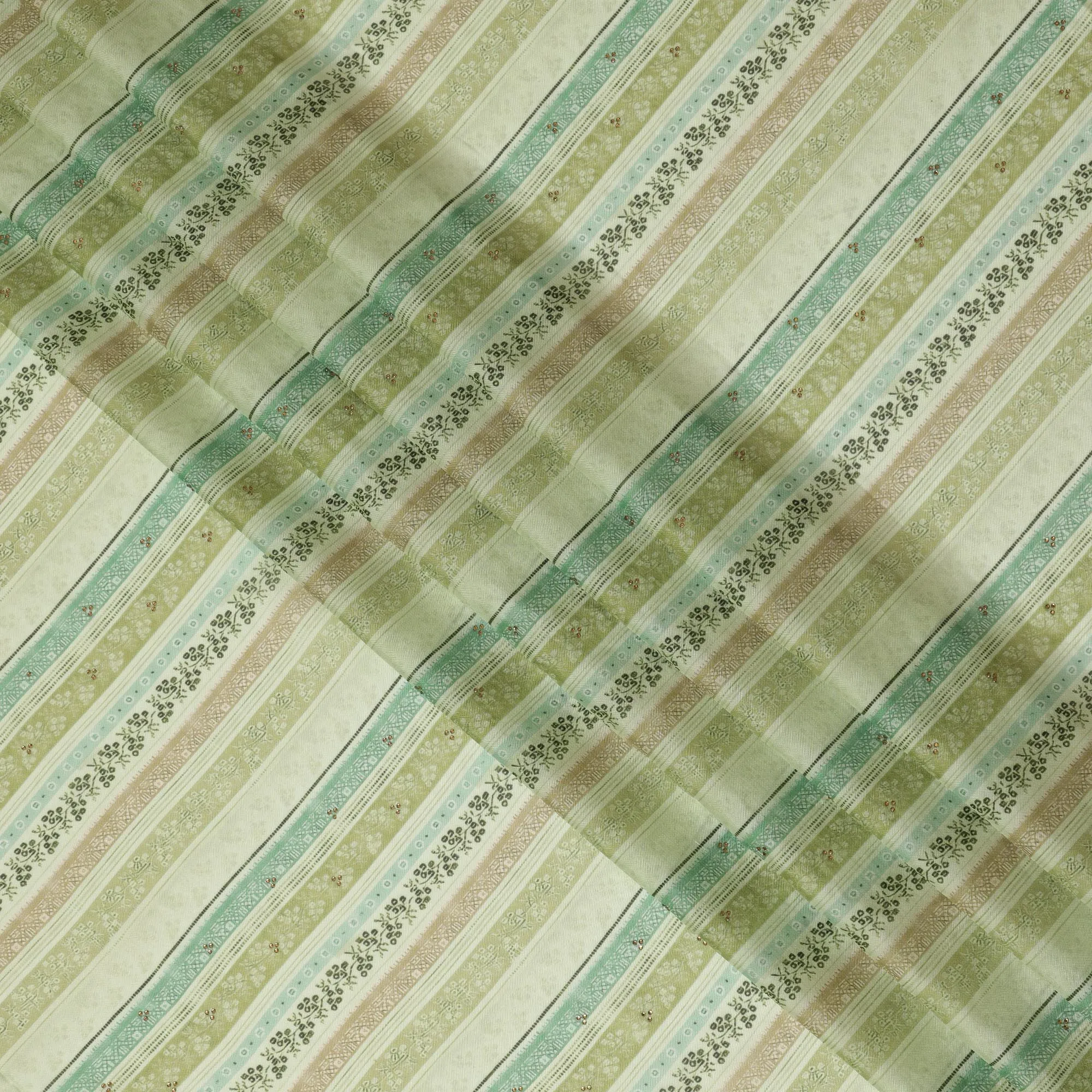 Light Green and Beige Striped Synthetic Viscose Fabric with Stone Work, 110 cm Width-D20581