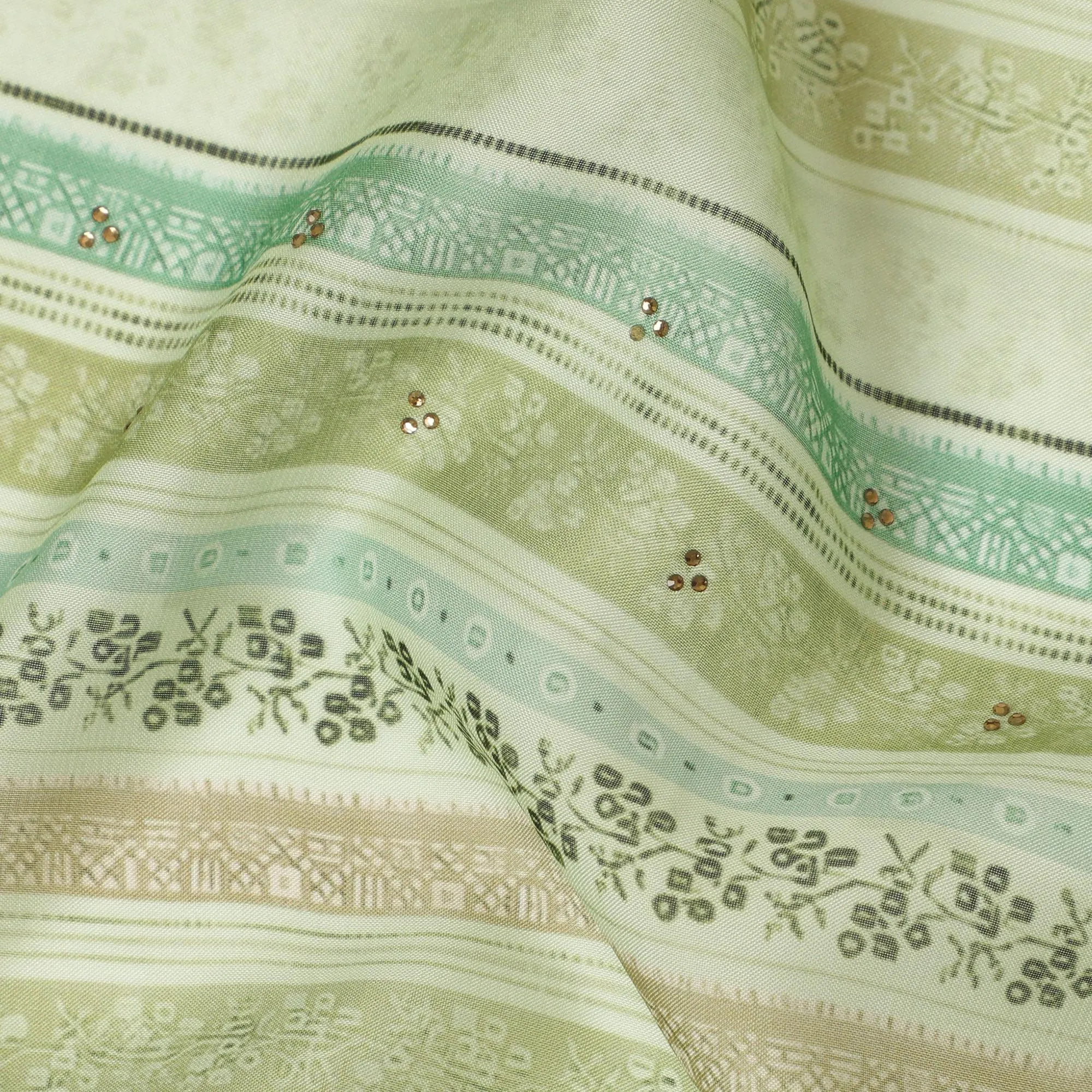 Light Green and Beige Striped Synthetic Viscose Fabric with Stone Work, 110 cm Width-D20581