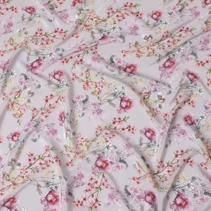 Light lilac synthetic crepe fabric with multicolor print in floral design-D14459