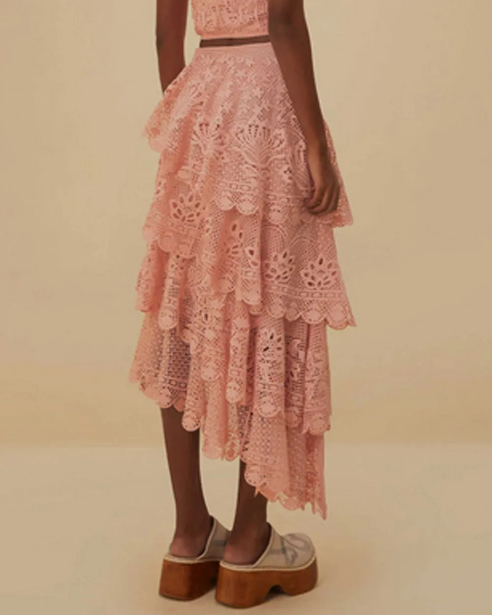 Light Pink Guipure Tiered Maxi Skirt