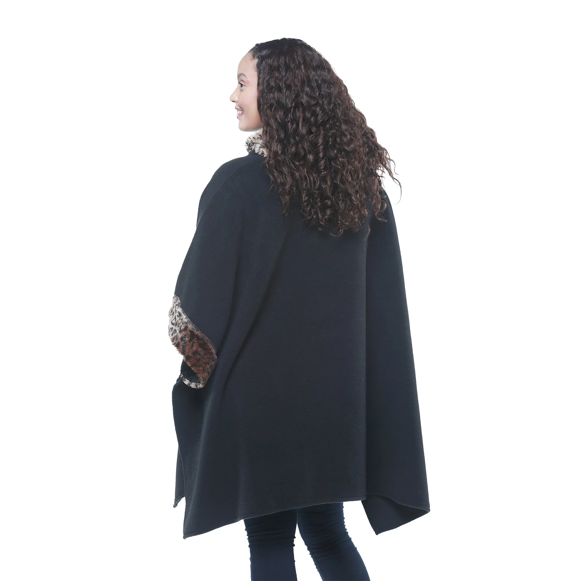 Liza Cozy Coat Fleece Poncho with Faux Fur Trim