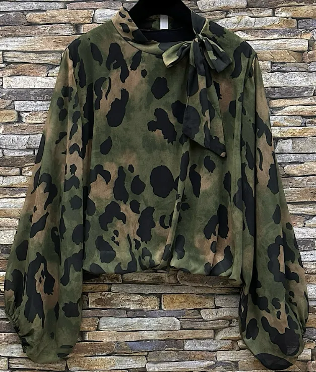 LOOWIE -One Size Camouflage Print Bow-Tie Blouse LOOWIE