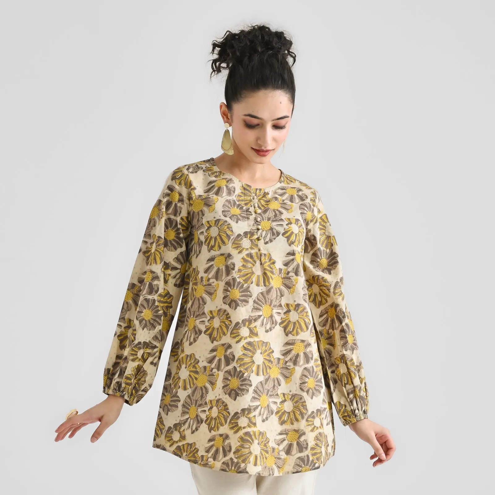 Mango Yellow Contemporary Dabu Printed Cotton Tunic with Elastic Sleeve Detail