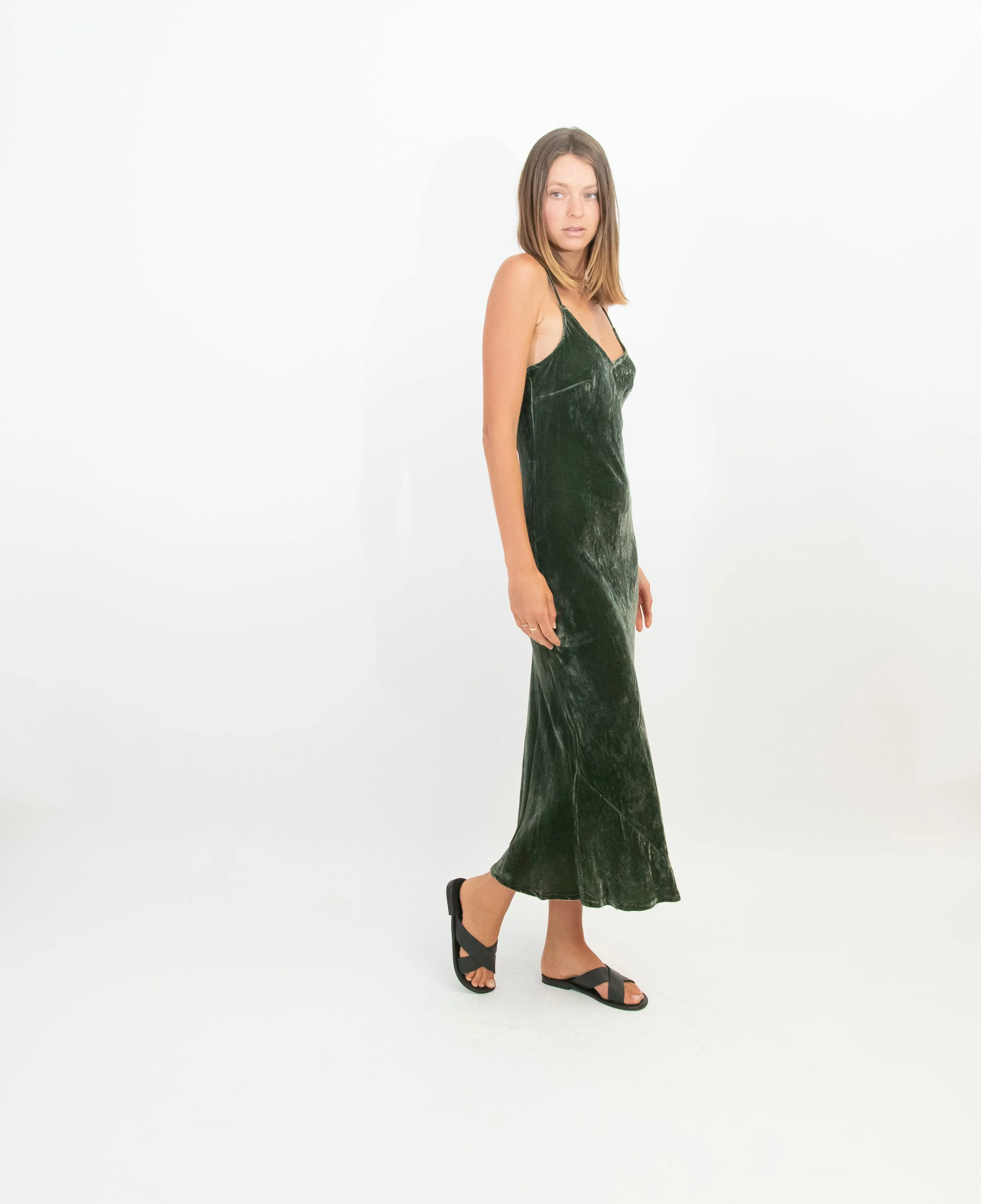 MARILYN VELVET DRESS LONG - OLIVE