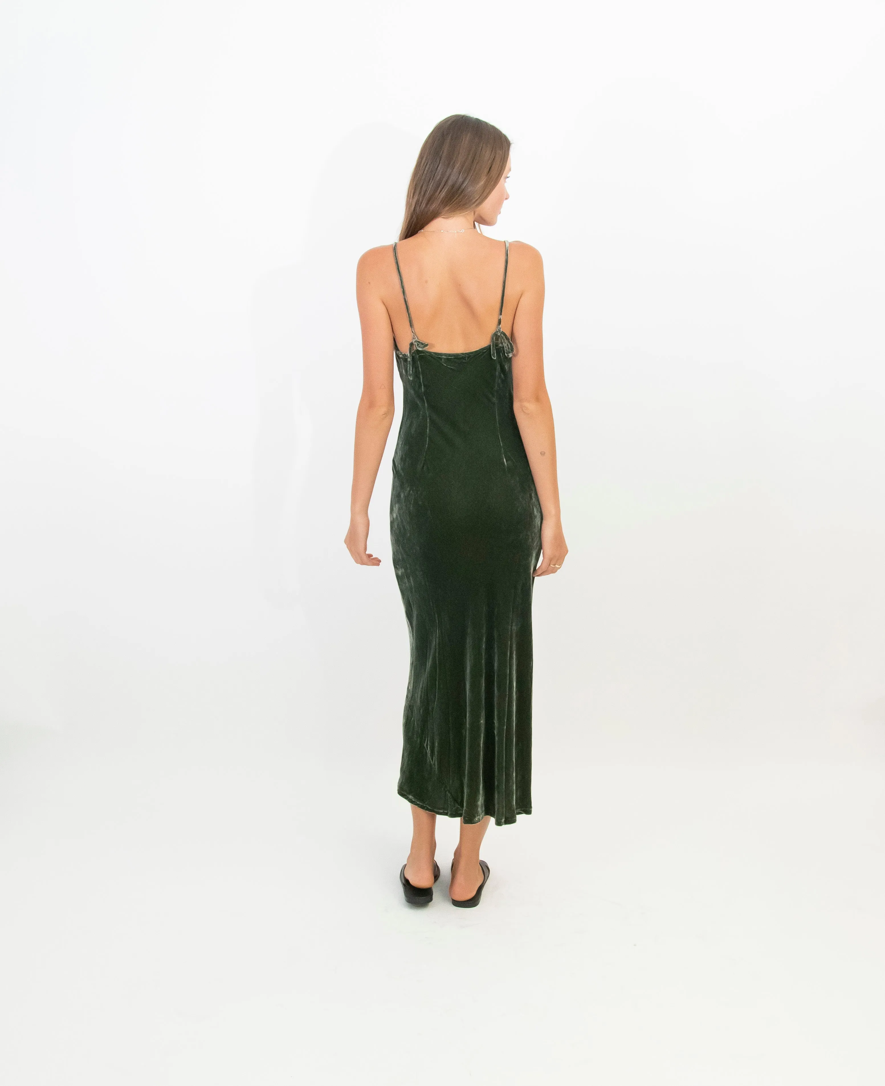 MARILYN VELVET DRESS LONG - OLIVE