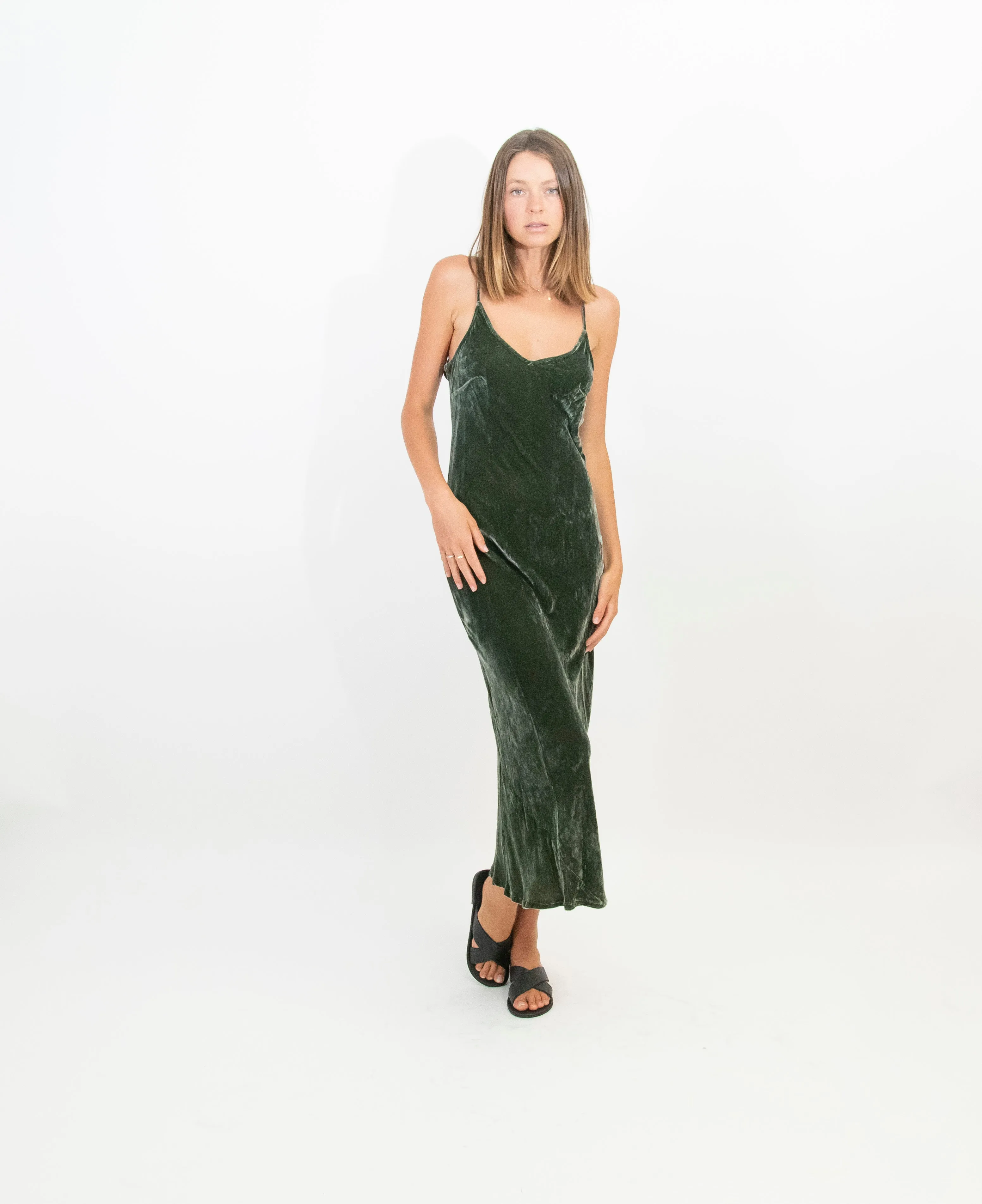 MARILYN VELVET DRESS LONG - OLIVE