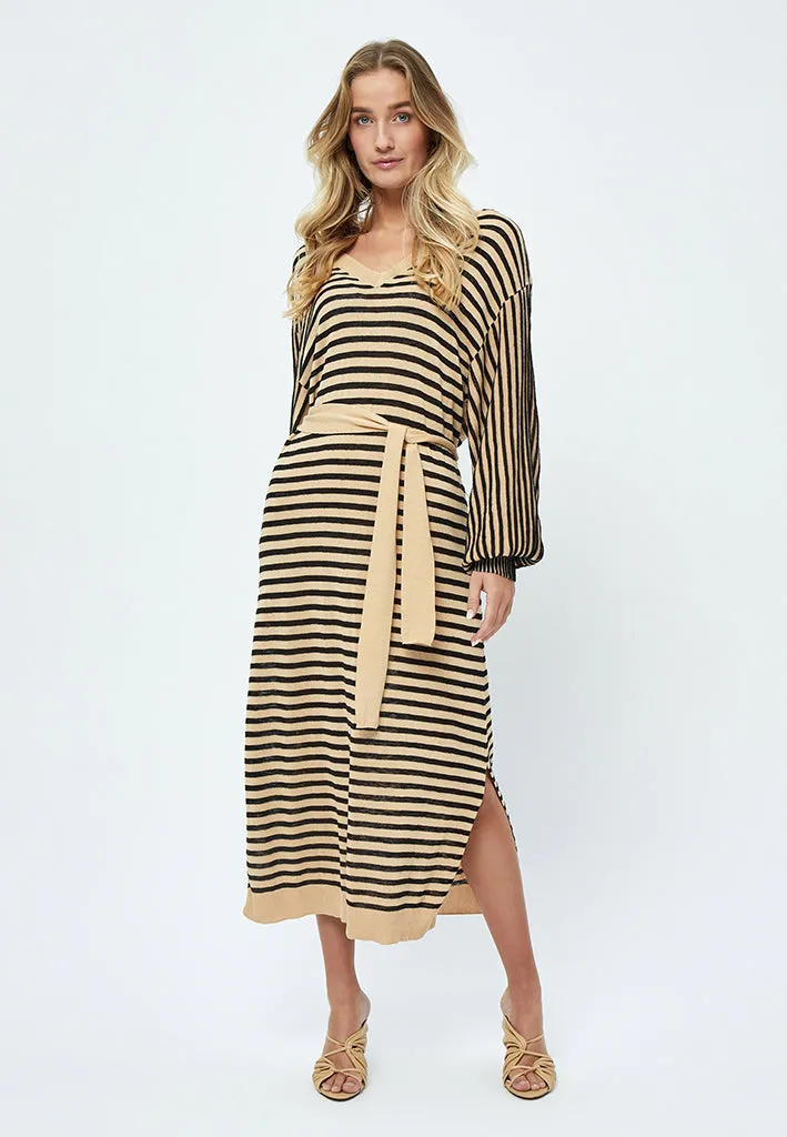 Mathilda V-Neck Baloon Sleeve Dress - Black Stripe