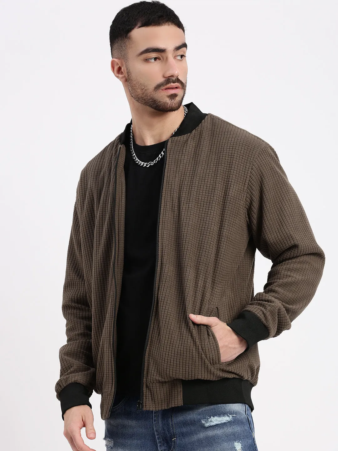 Men Brown Solid Bomber Jacket