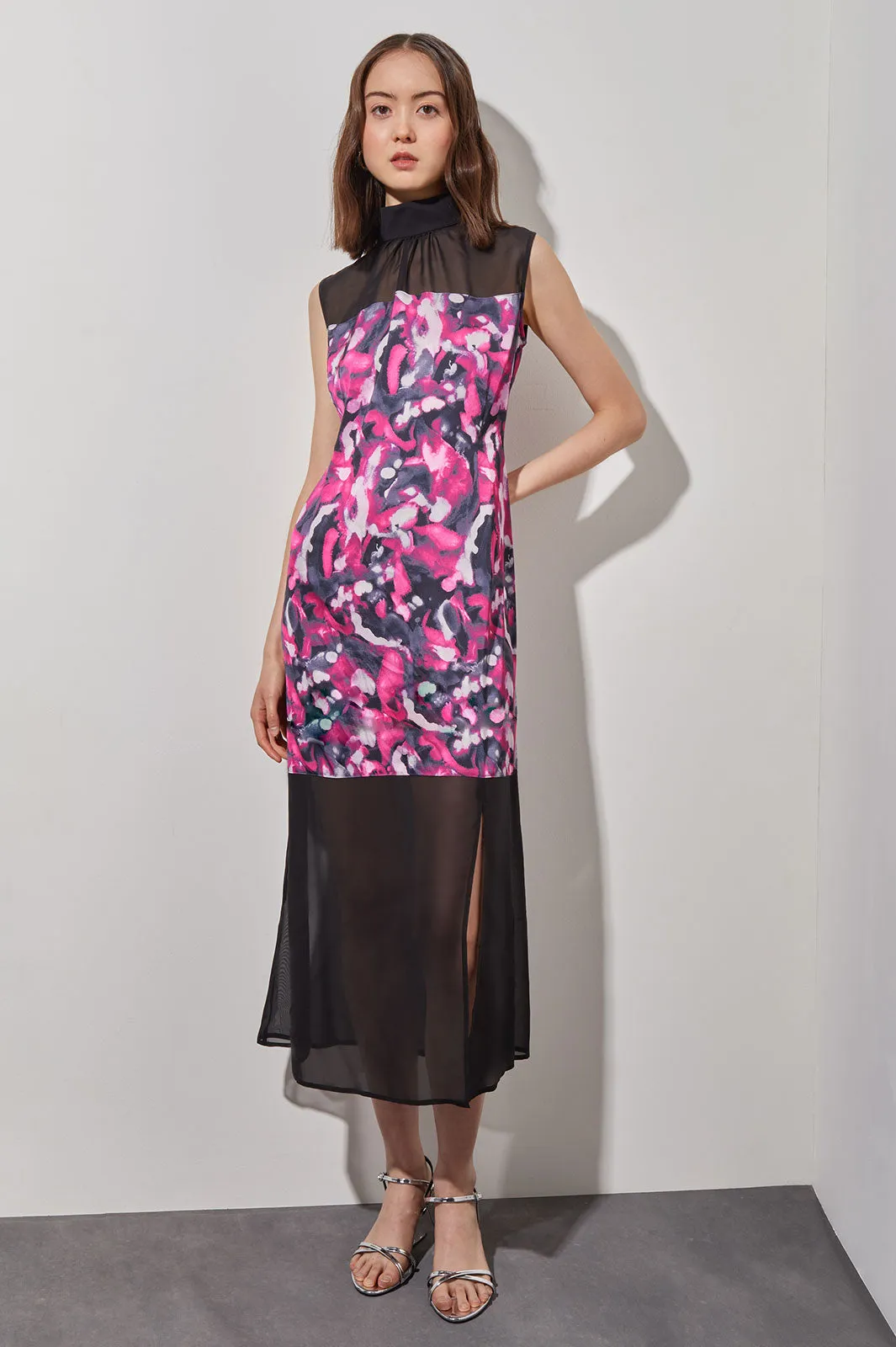 Midi Sheath Dress - Gathered Mock Neck Floral Woven