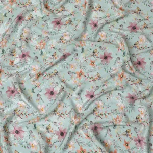 Mint Blossom Synthetic Crepe Fabric, 110cm Width - Floral Serenity from India-D17935