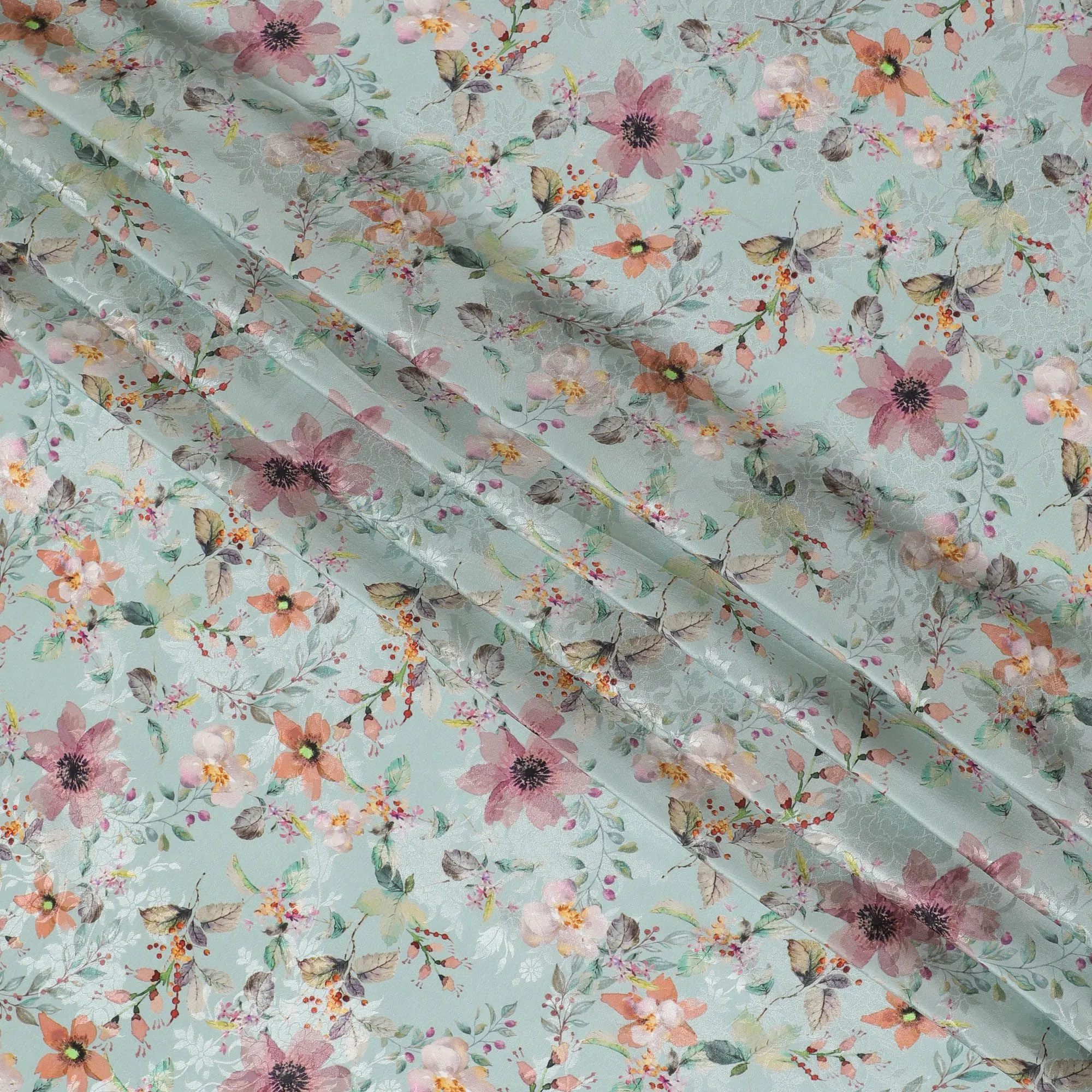 Mint Blossom Synthetic Crepe Fabric, 110cm Width - Floral Serenity from India-D17935