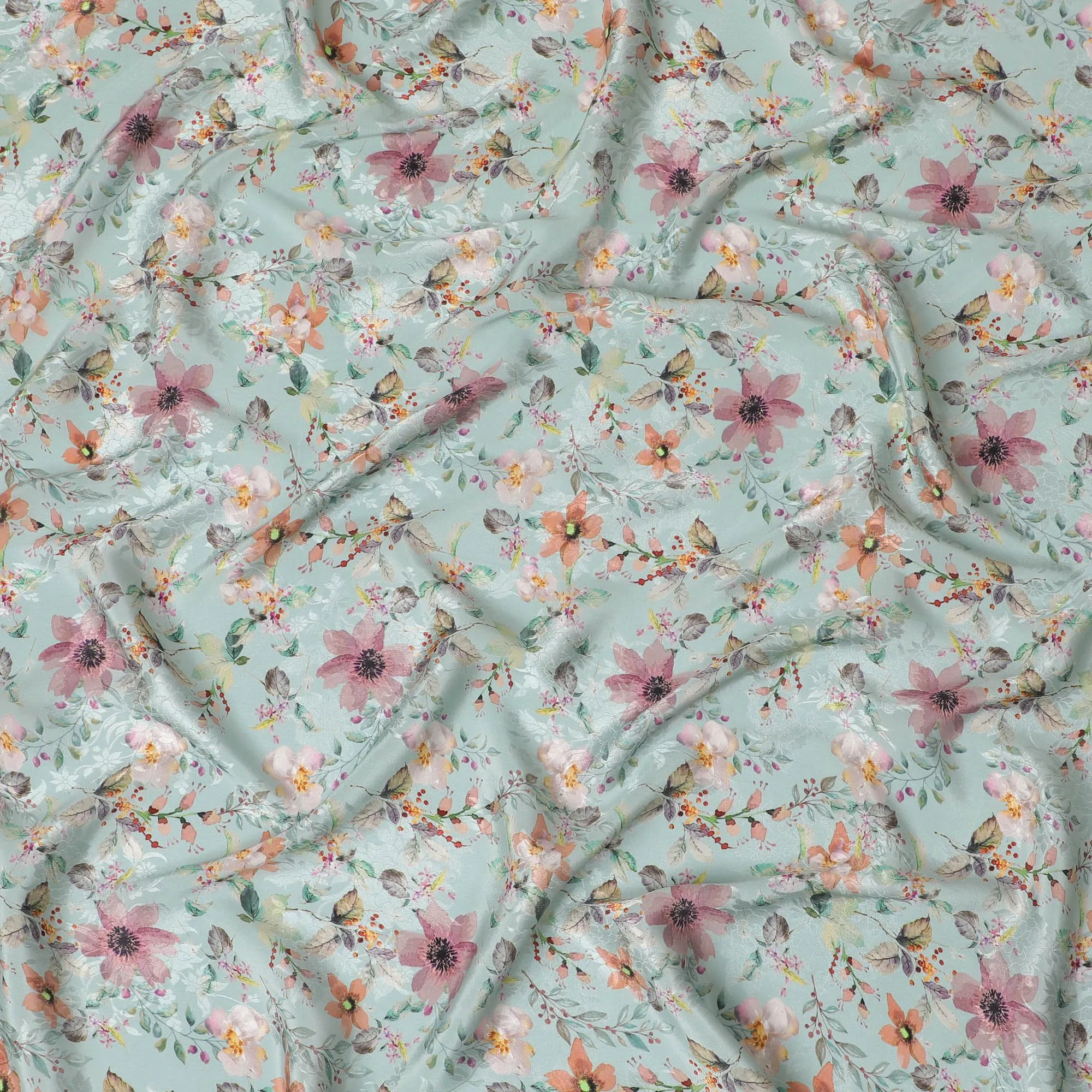 Mint Blossom Synthetic Crepe Fabric, 110cm Width - Floral Serenity from India-D17935