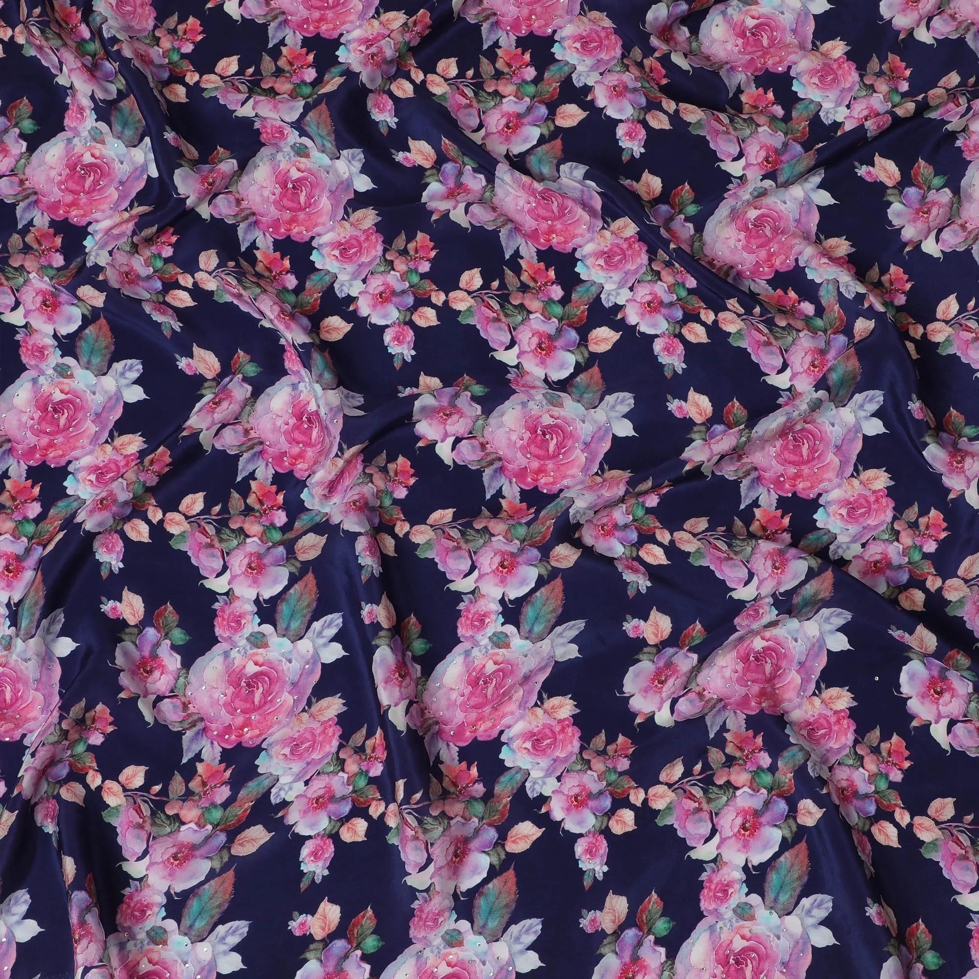 Navy Blue Crepe Fabric with Pink Floral Print and Stone Embellishments, 110 cm Width - Imported from India-D20248