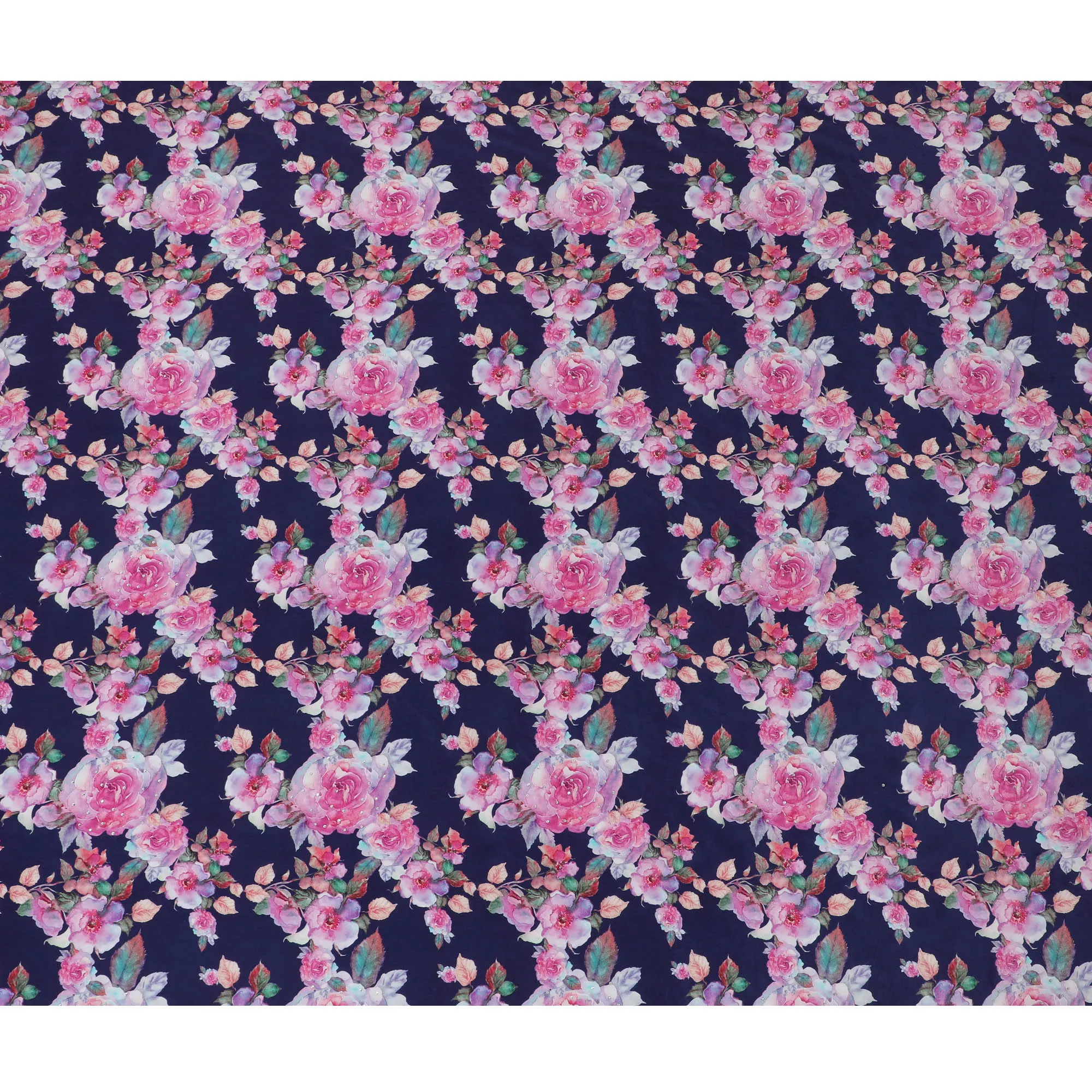 Navy Blue Crepe Fabric with Pink Floral Print and Stone Embellishments, 110 cm Width - Imported from India-D20248