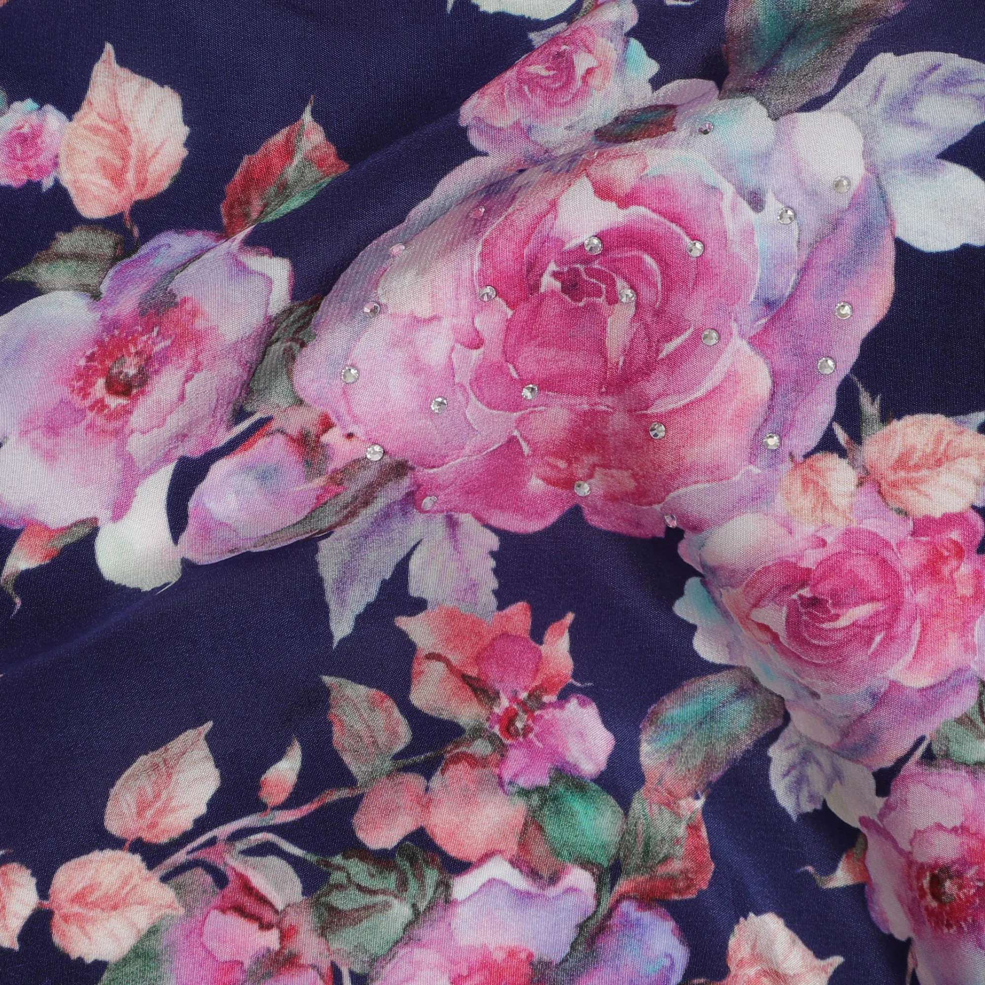 Navy Blue Crepe Fabric with Pink Floral Print and Stone Embellishments, 110 cm Width - Imported from India-D20248