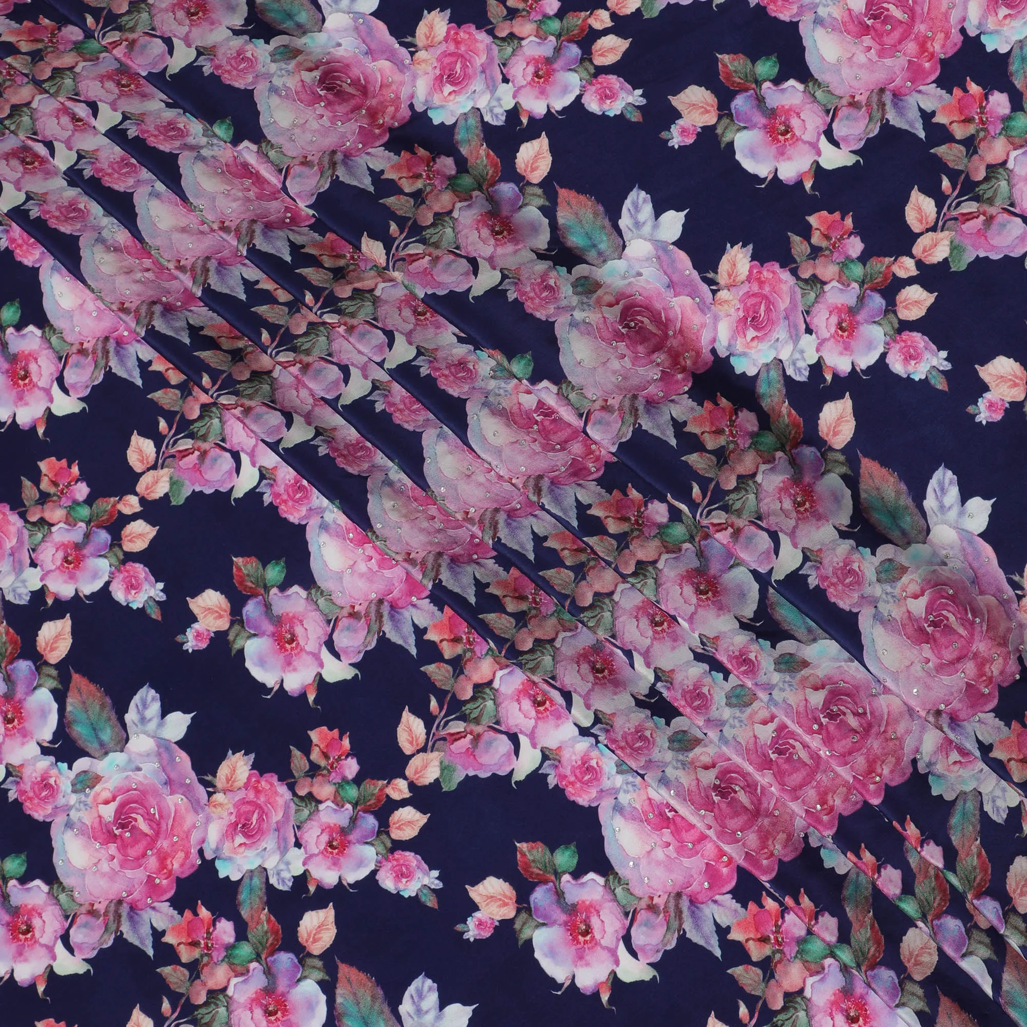 Navy Blue Crepe Fabric with Pink Floral Print and Stone Embellishments, 110 cm Width - Imported from India-D20248