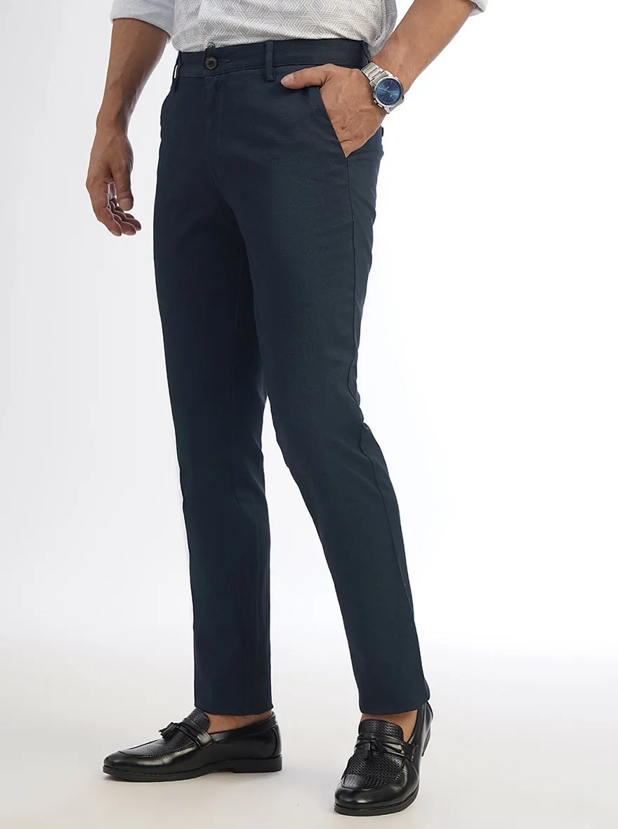 Navy Blue Printed Slim Fit Casual Trouser | JadeBlue