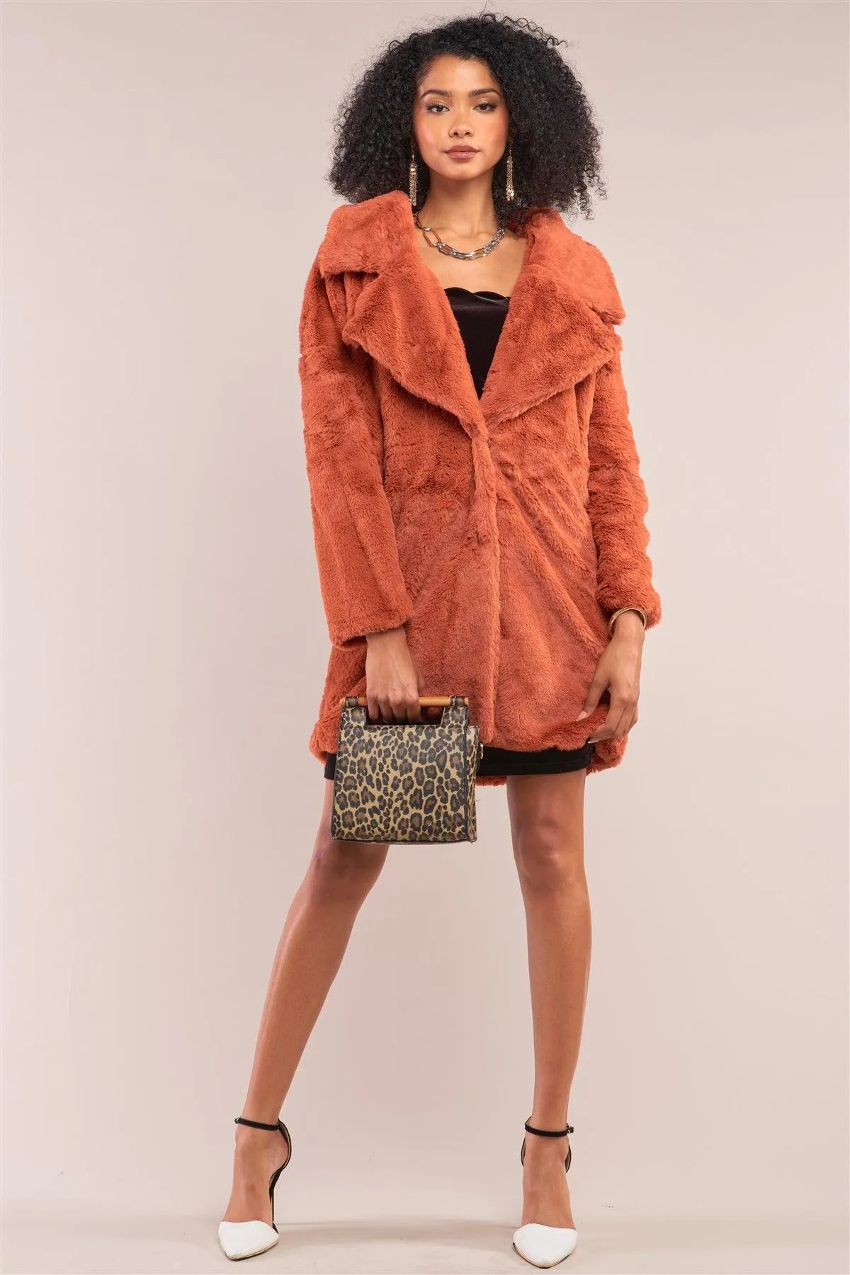 Orange Rust Oversize Lapel Collar Faux Fur Coat /2-2-2