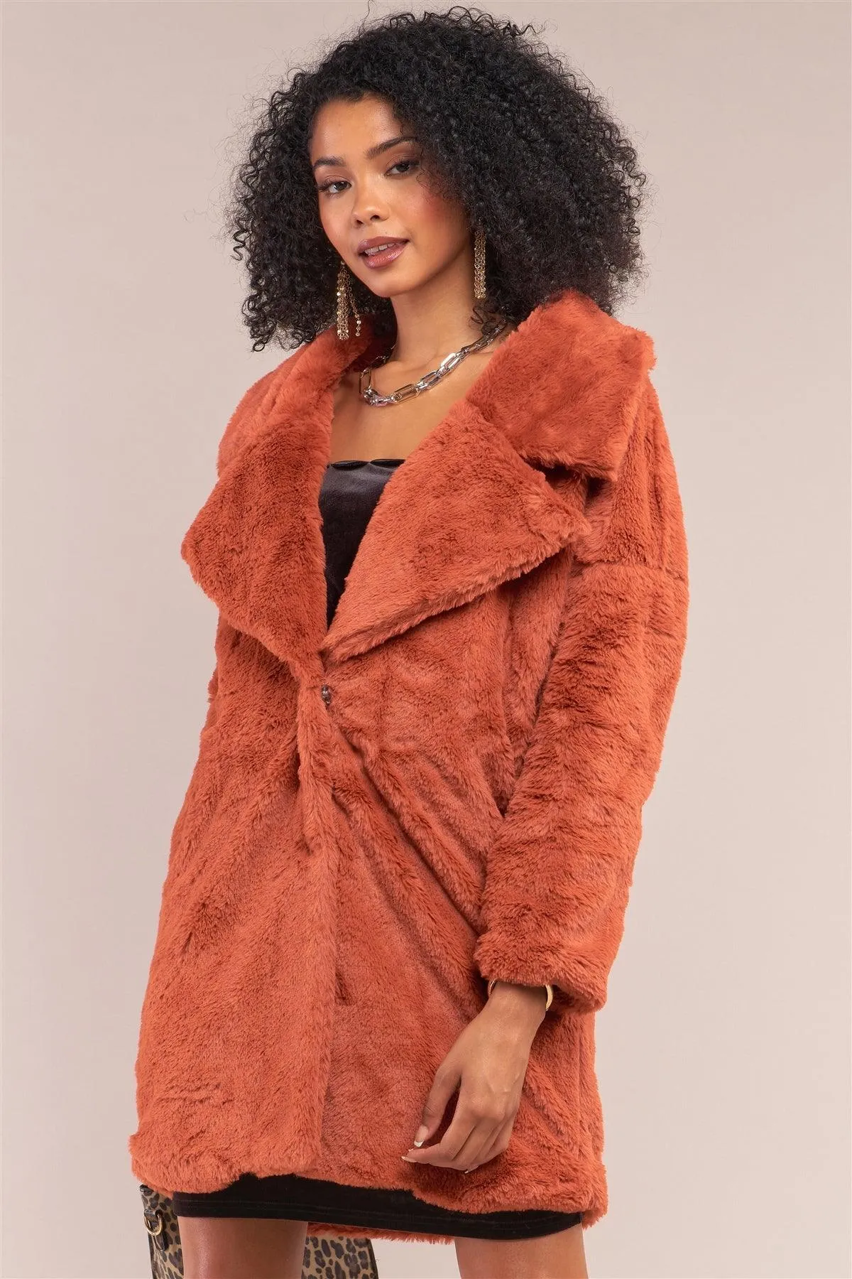 Orange Rust Oversize Lapel Collar Faux Fur Coat /2-2-2