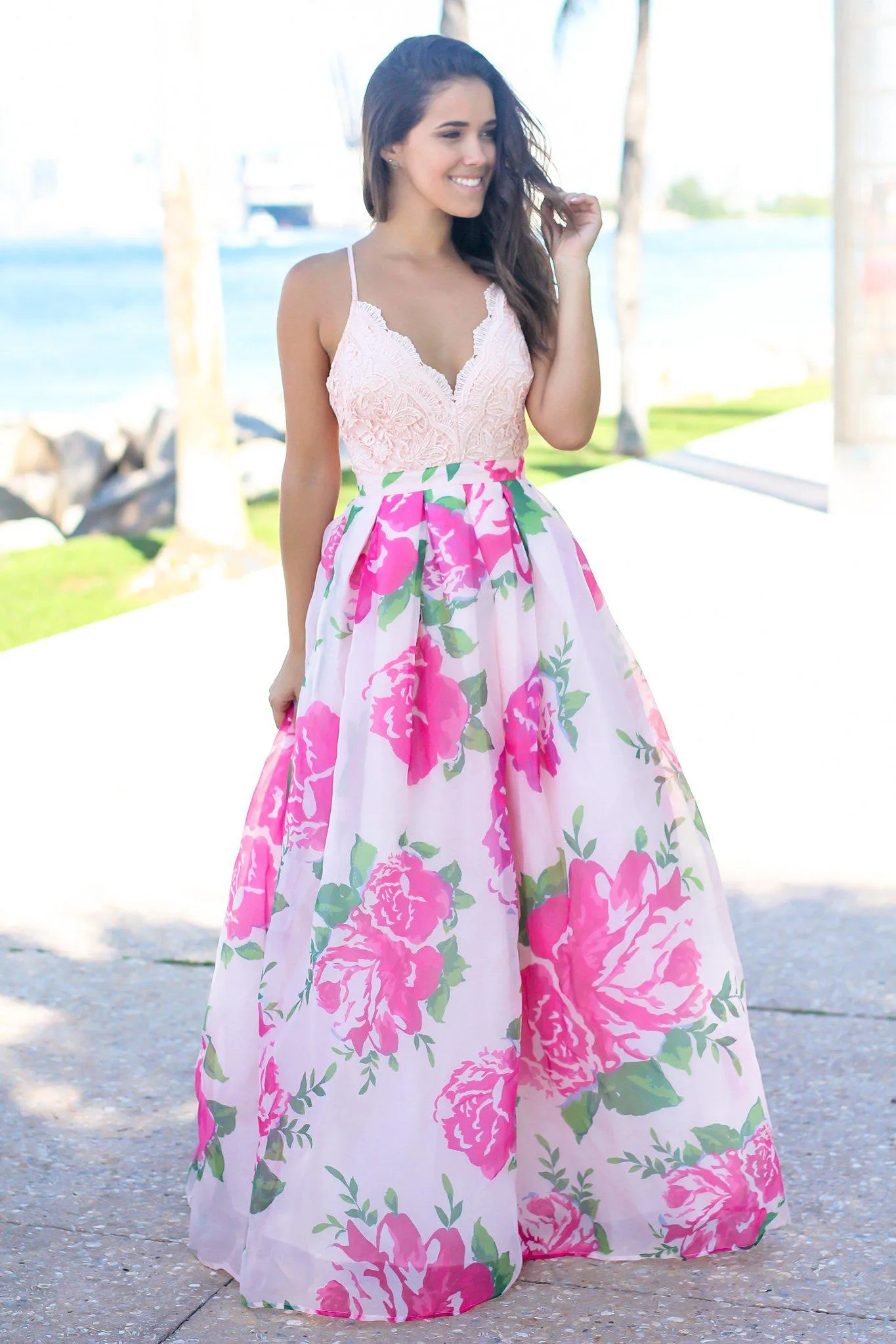 Pink Maxi Dress with Rose Printed Skirt