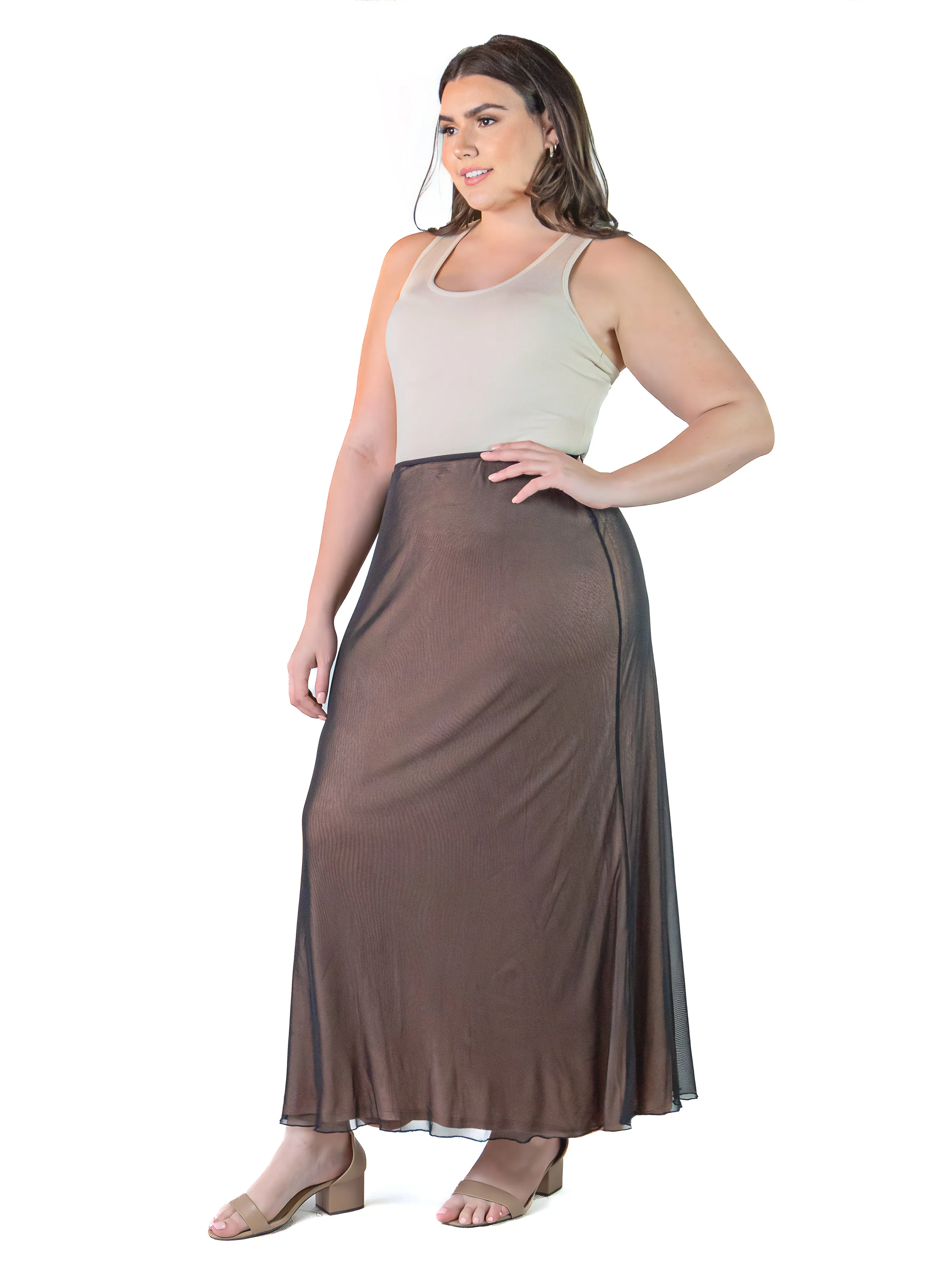 Plus Size Solid Color Sheer Overlay Elastic Waist Dressy Maxi Skirt