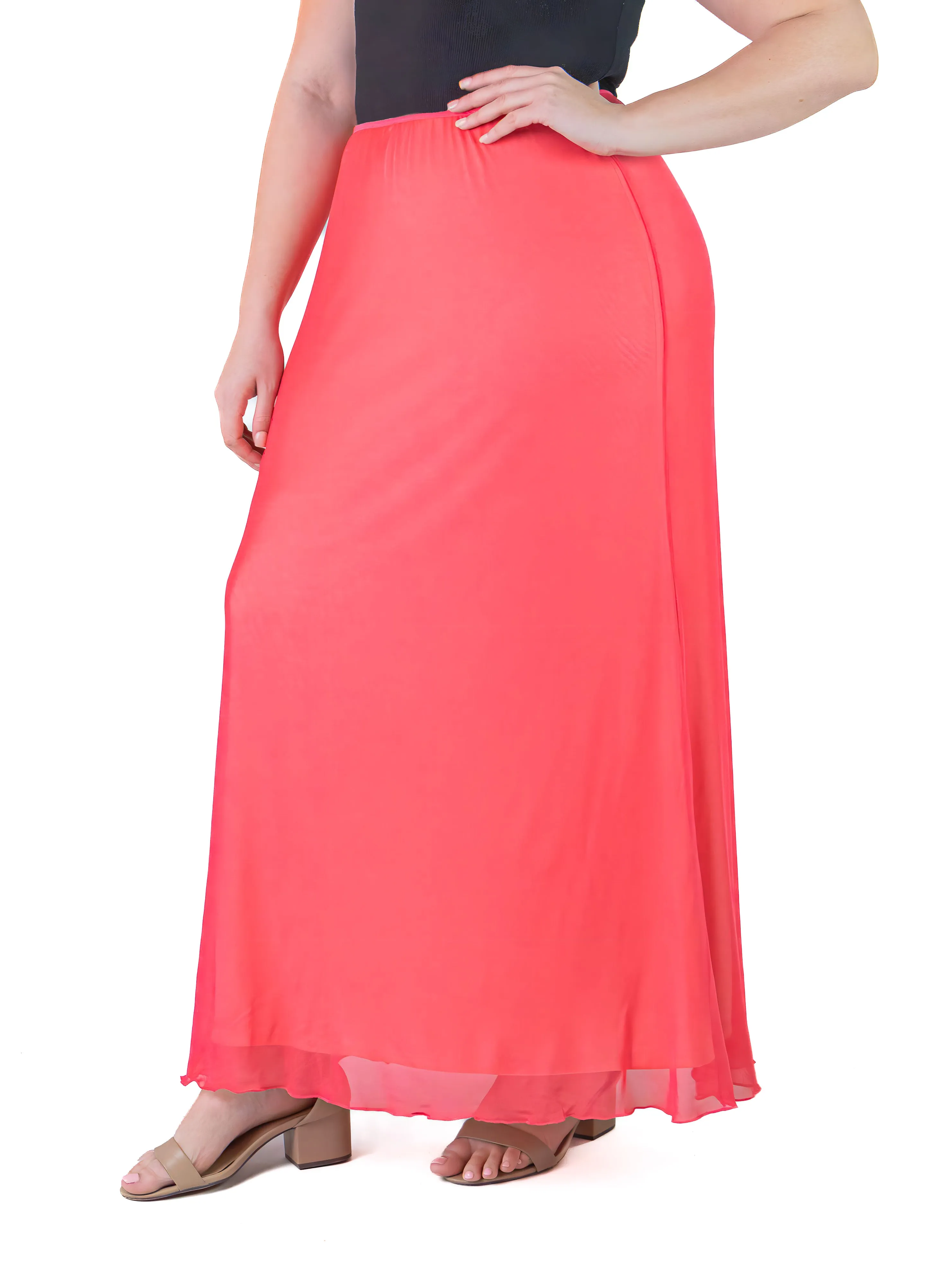 Plus Size Solid Color Sheer Overlay Elastic Waist Dressy Maxi Skirt