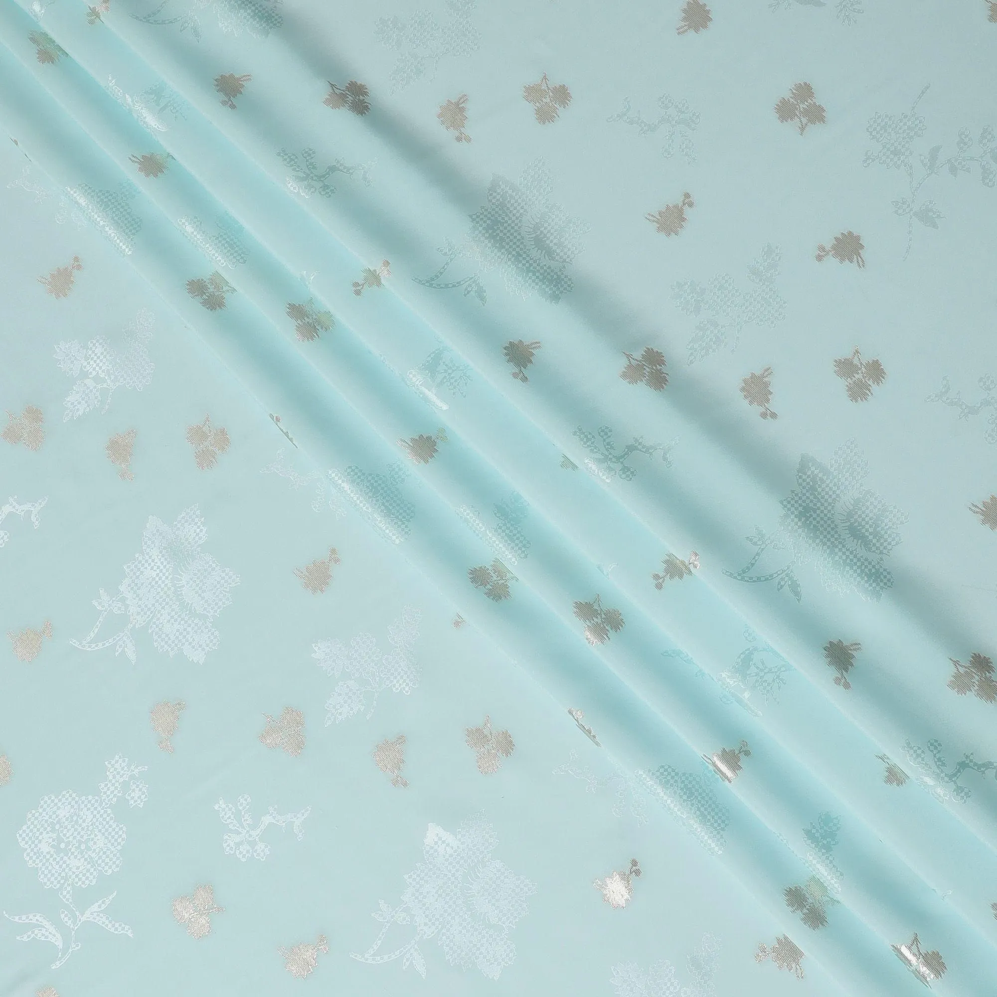 Powder blue Premium pure silk crepe fabric with same tone jacquard having gold metallic lurex in floral design-D15743