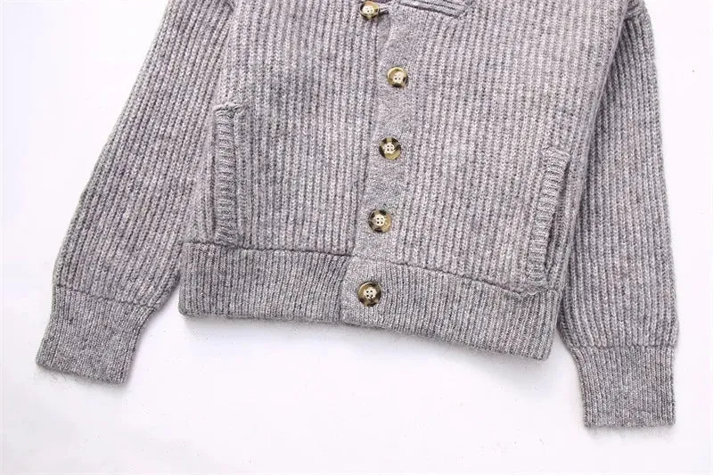 Pre Order:  Knitted V-Neck Cardigan Gray Bomber Jacket