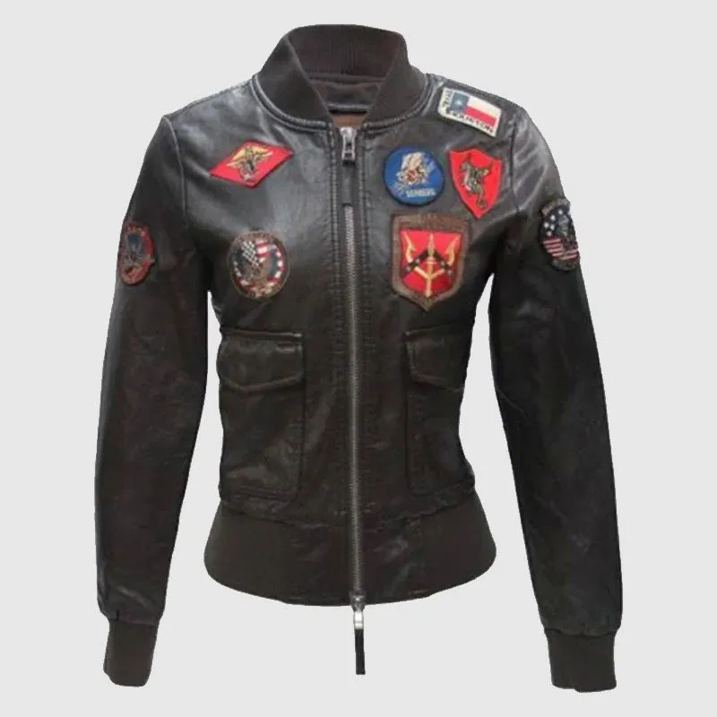 Premium Quality Womens Top Gun Bomber Vegan Leather Jacket With Patches