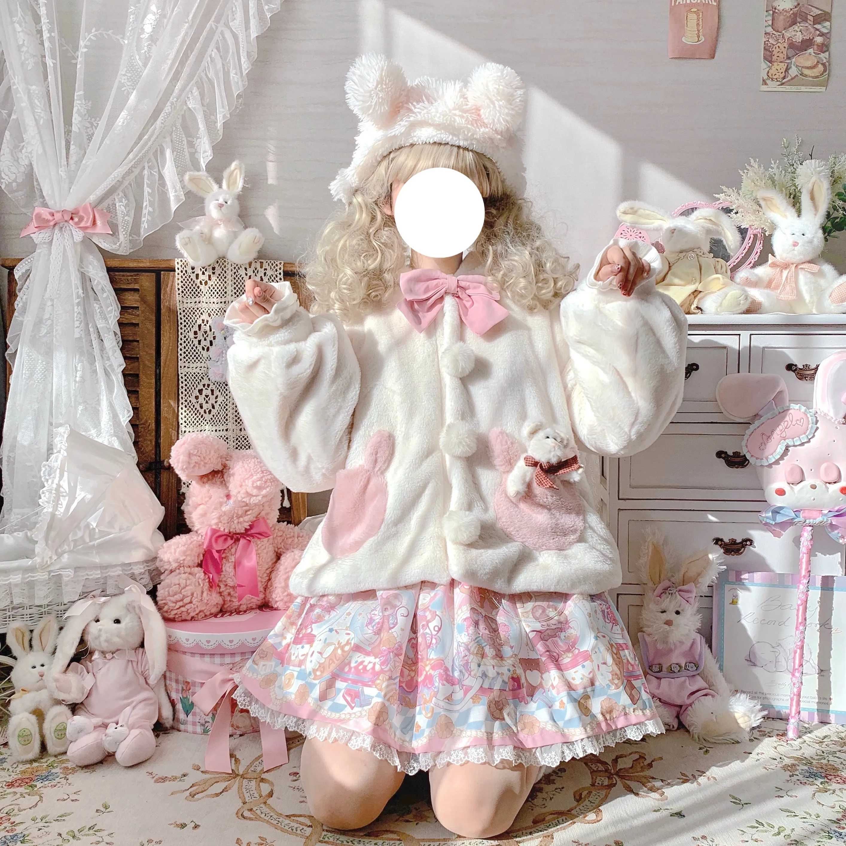 Rabbit Ears Plush Winter White & Pink Coat Jacket