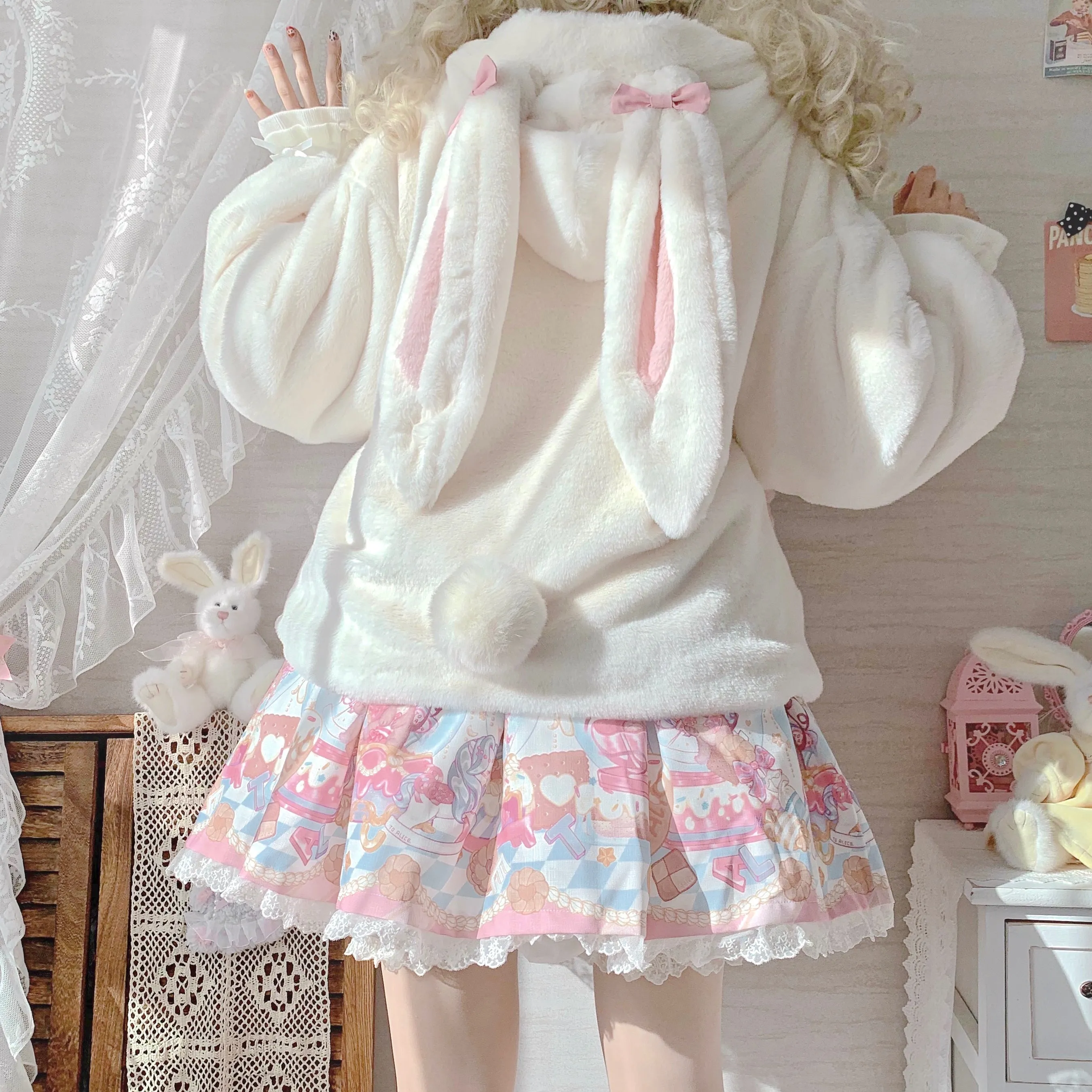 Rabbit Ears Plush Winter White & Pink Coat Jacket