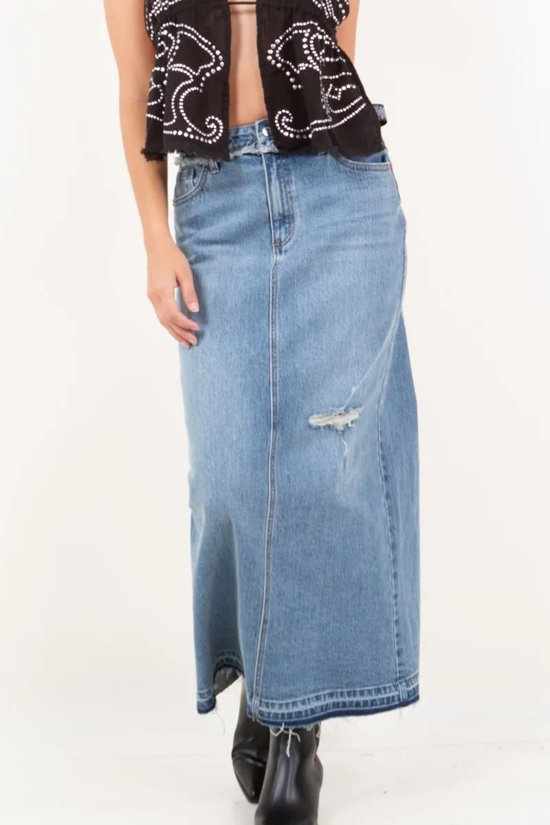 Raven Denim Maxi Skirt Frayed Waistband w/ Slit Detail