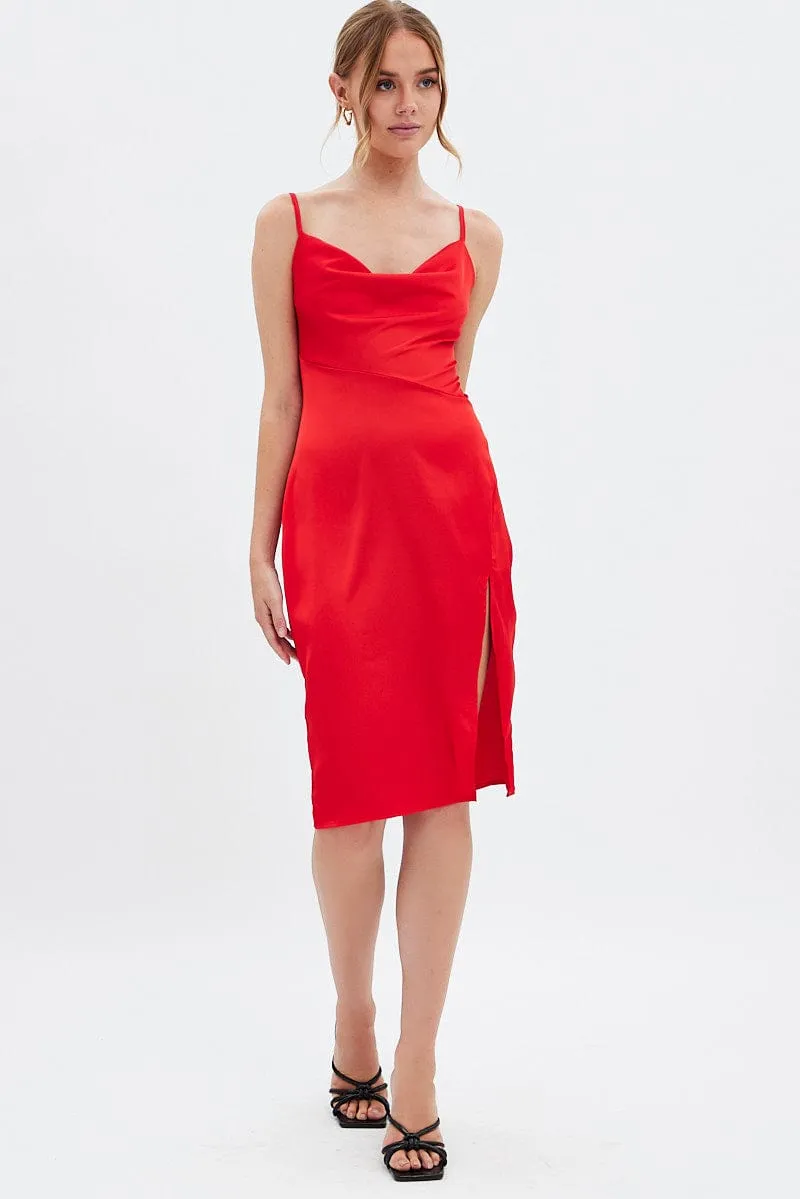 Red Cowl Neck Slip Midi Dress