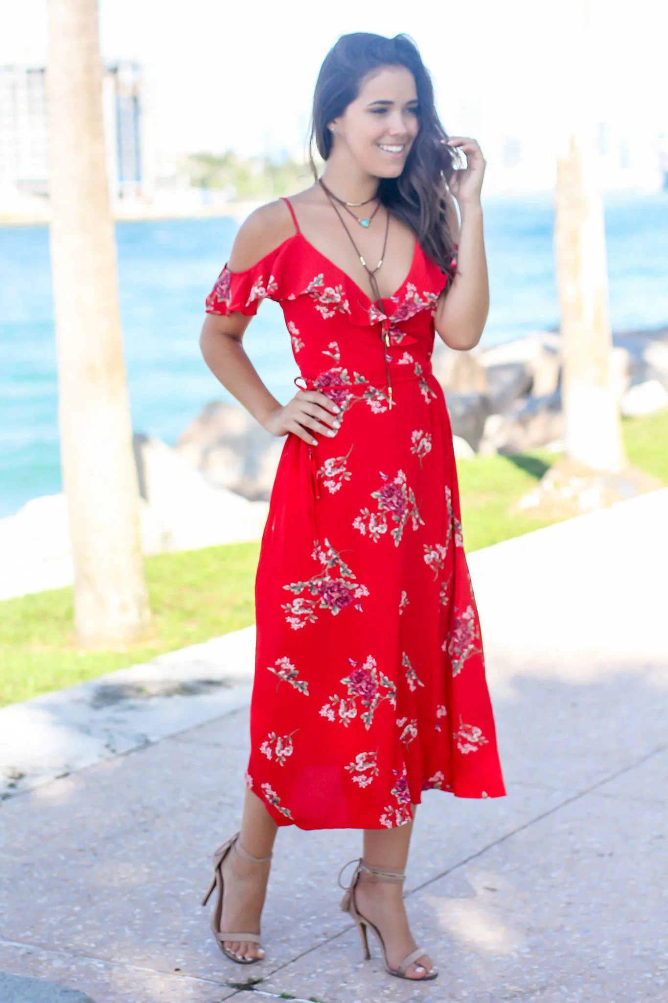 Red Floral Wrap Dress