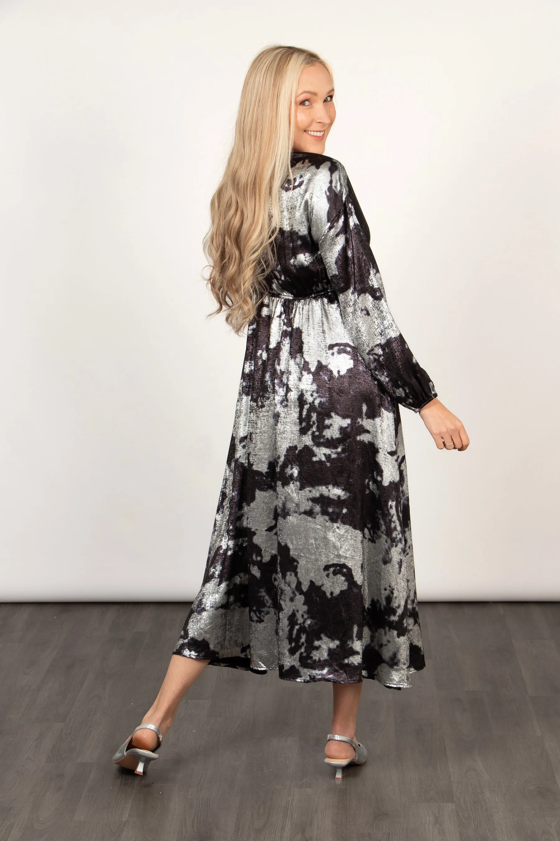 Ruby Wrap Top Maxi Dress in Silver, Metallic Oil Slic