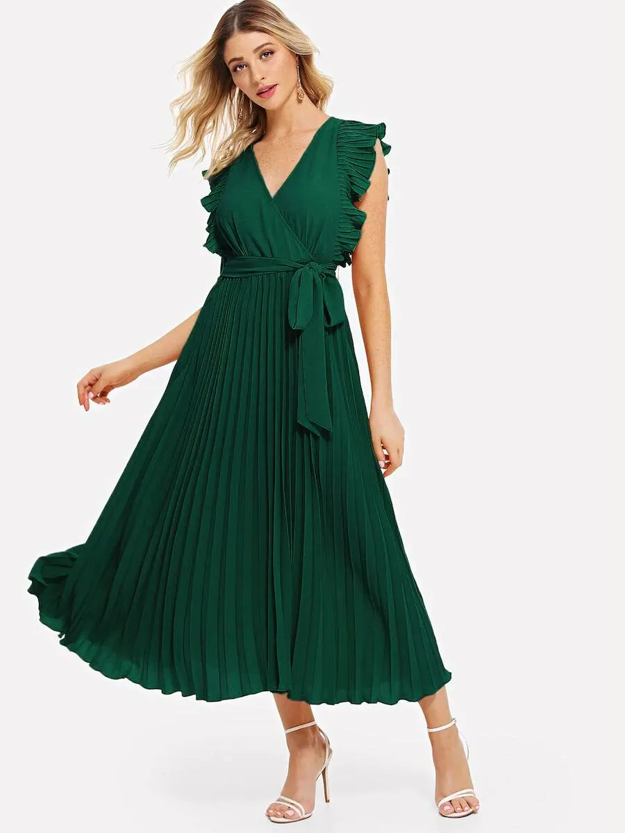 Ruffle Trim Pleated Wrap Dress