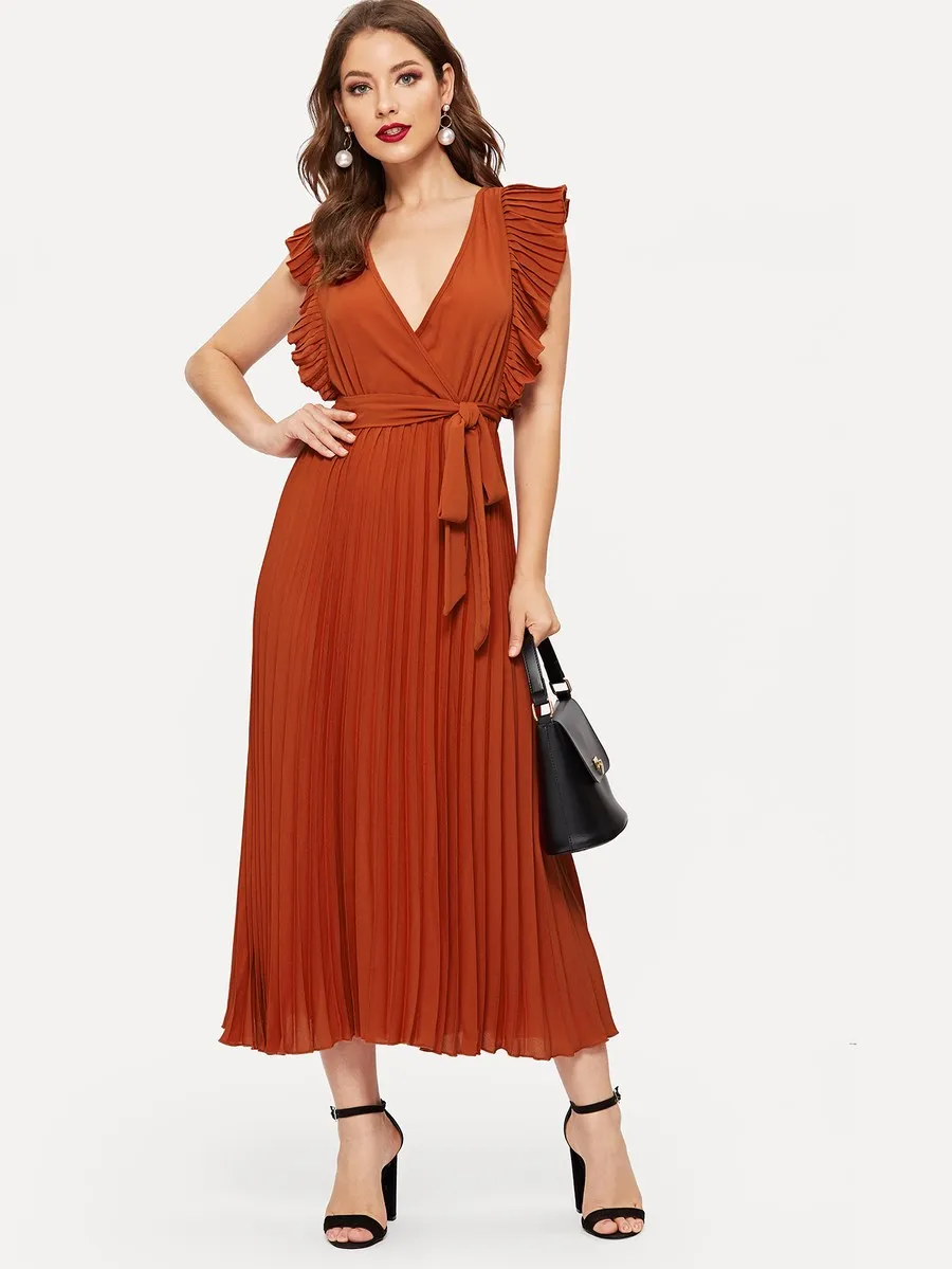 Ruffle Trim Pleated Wrap Dress