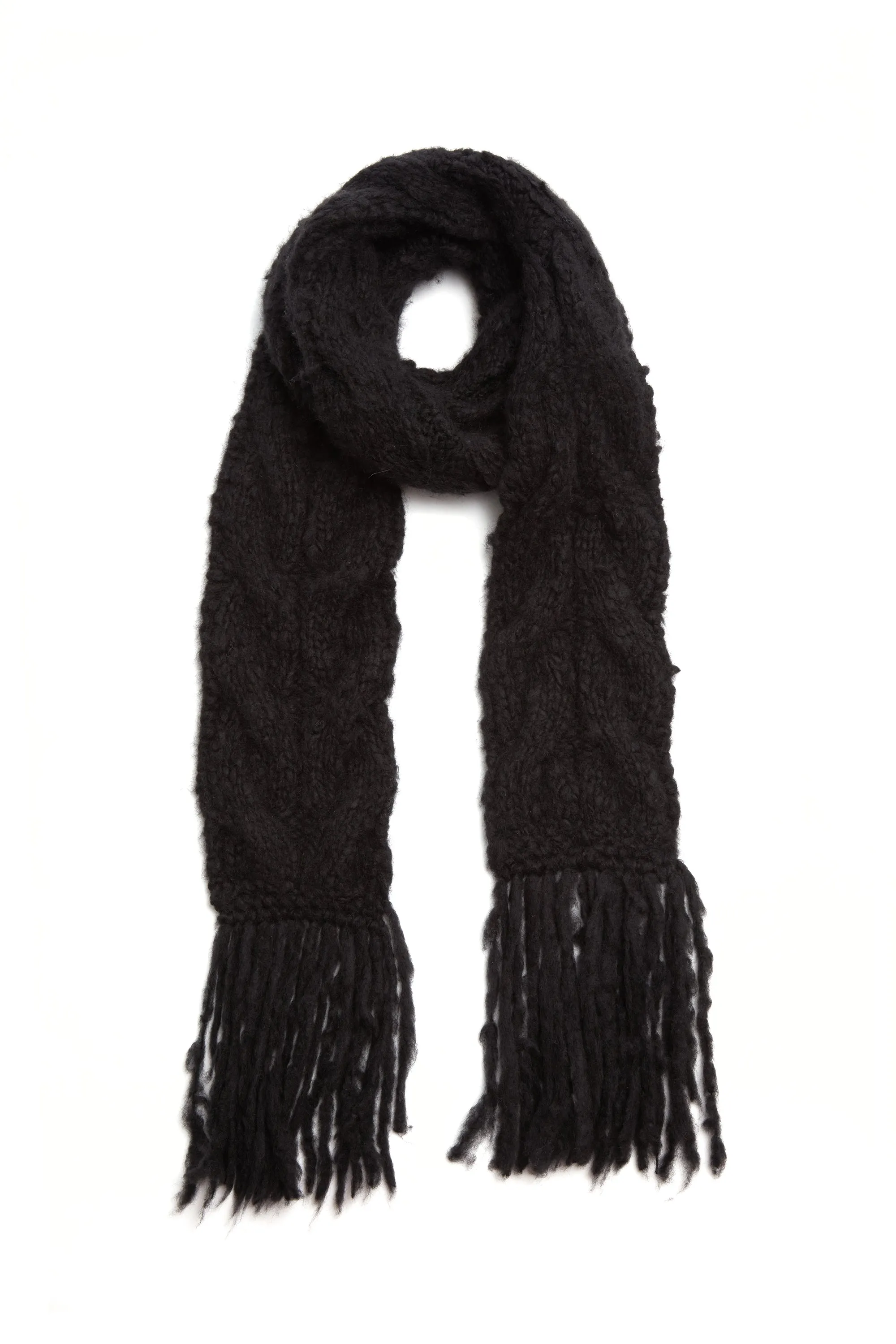 Serena Knit Fringe Scarf in Black Welfat Cashmere