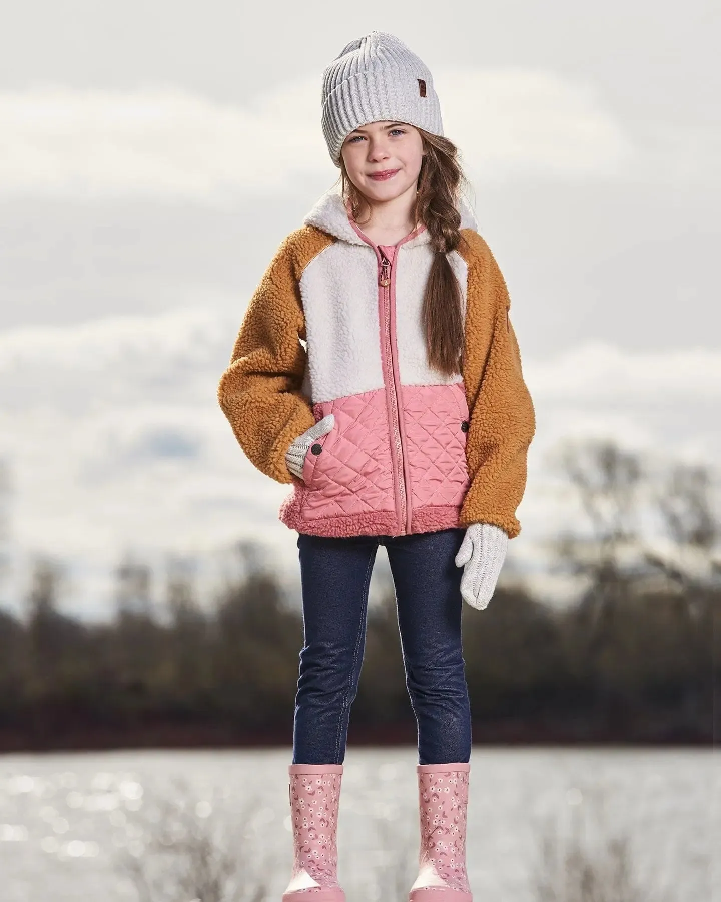 Sherpa Mid-Season Colorblock Jacket Orange, Off-White, And Old Pink