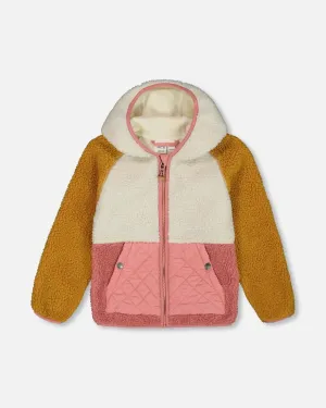 Sherpa Mid-Season Colorblock Jacket Orange, Off-White, And Old Pink