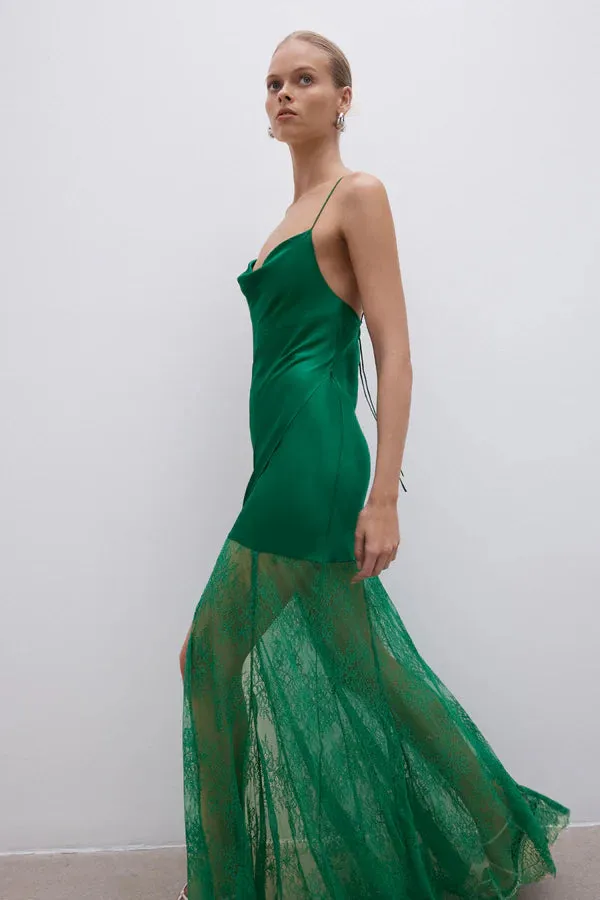 SHONA JOY - Elle Silk Lace Cowl Maxi Dress - Emerald Green