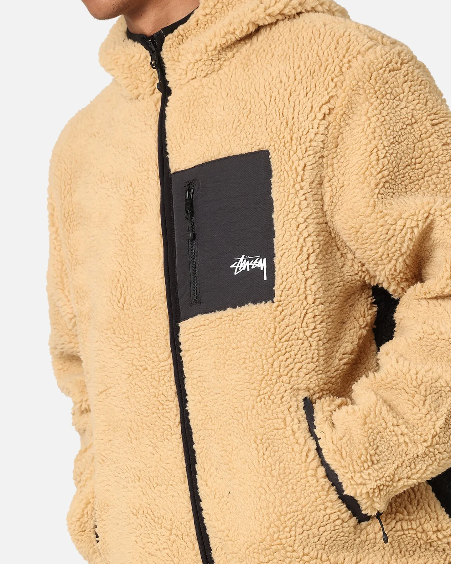 Stüssy 8 Ball Sherpa Reversible Hoodie Tan