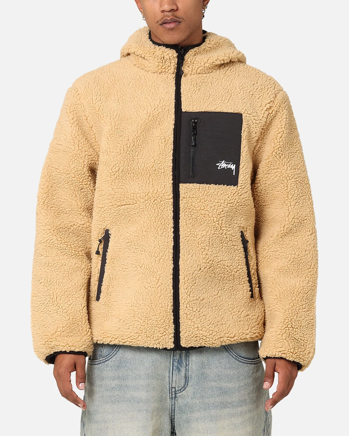 Stüssy 8 Ball Sherpa Reversible Hoodie Tan