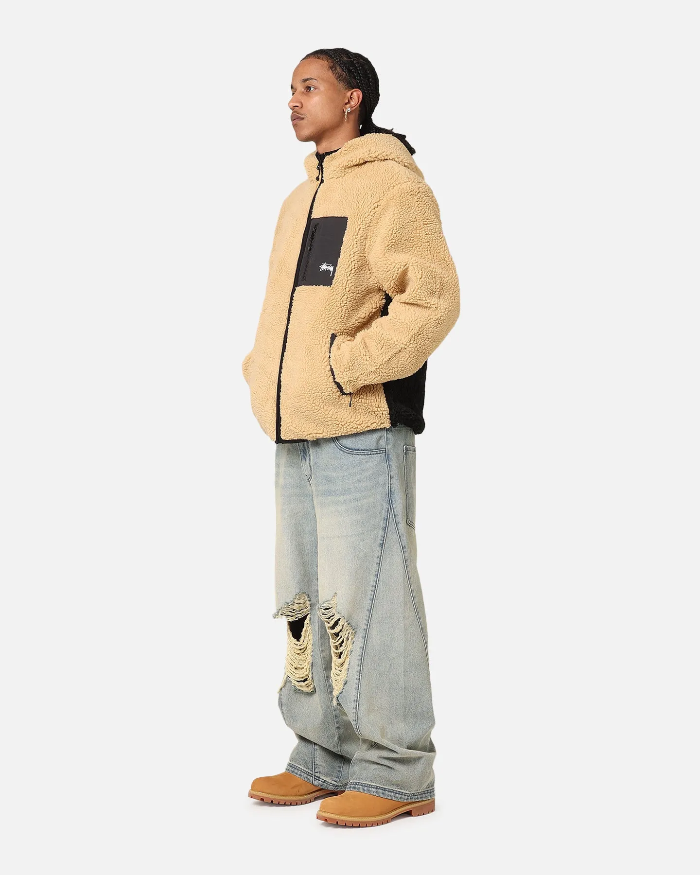 Stüssy 8 Ball Sherpa Reversible Hoodie Tan