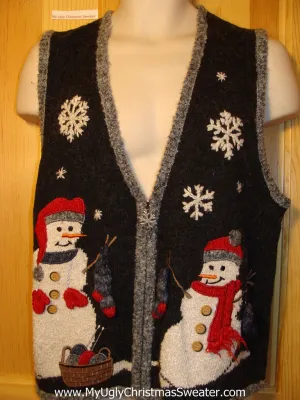 Tacky Ugly Christmas Sweater Vest with Two Giant Carrot Nosed Snowmen with 3D Mittens and Scarfs (f219)