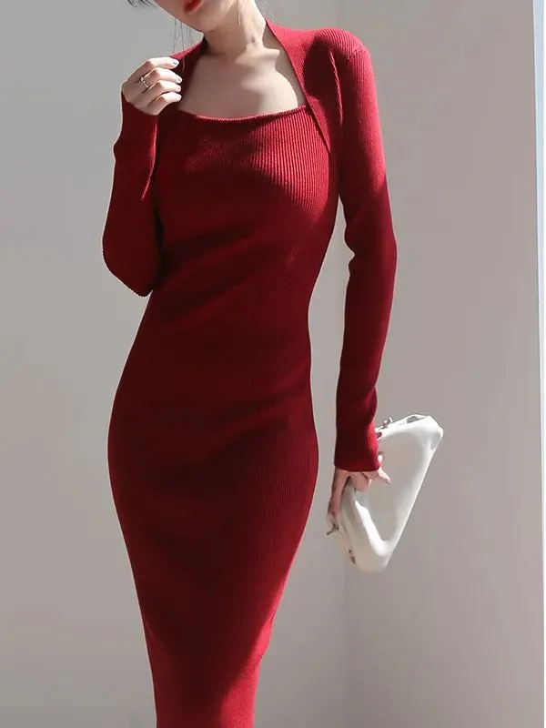 Thicken Chic Knitted Dress Women Raglan Sleeve Elegant Party Wool Vestido Korean Business Sheath Slim Knitwear Winter C-189