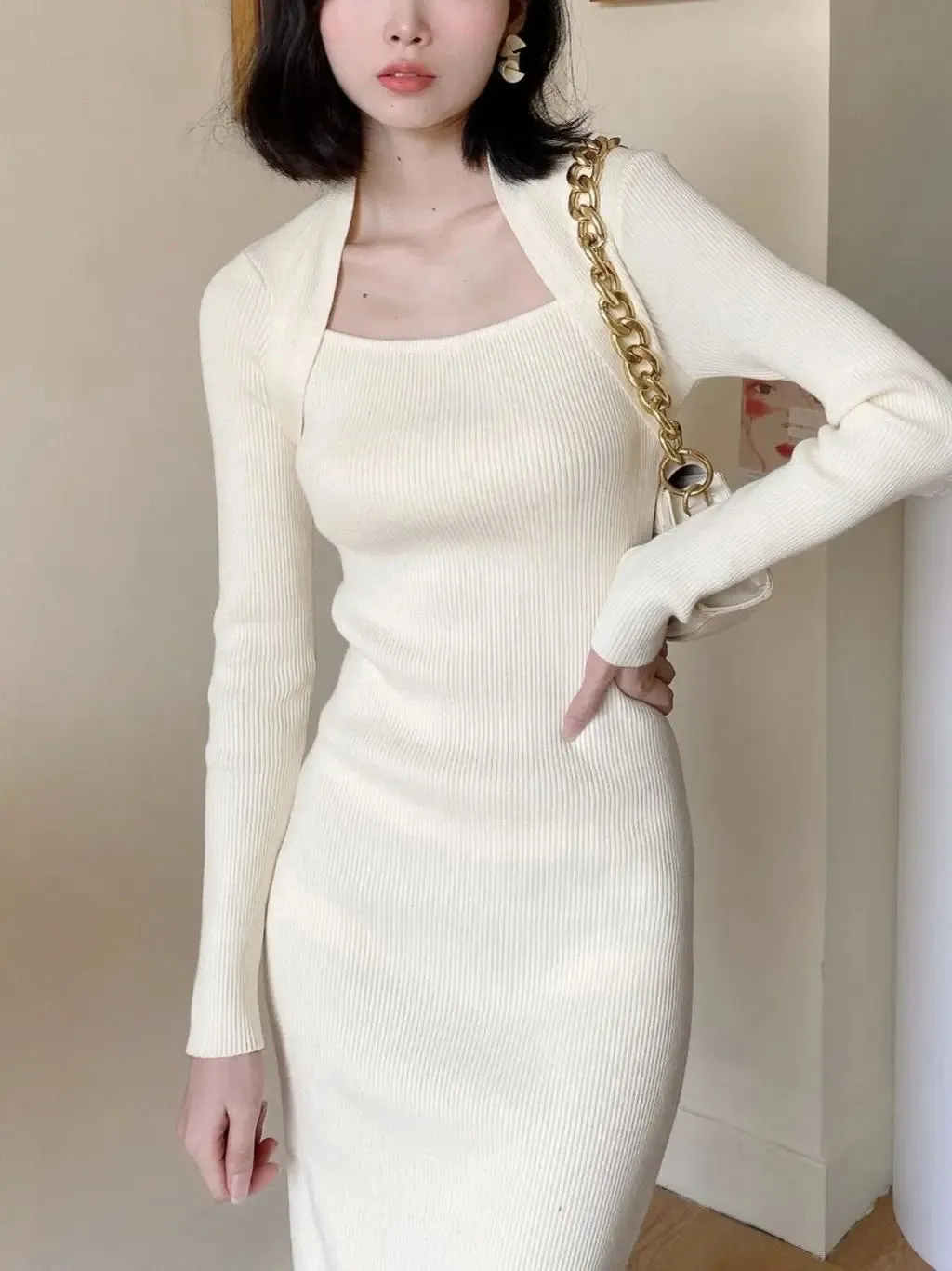 Thicken Chic Knitted Dress Women Raglan Sleeve Elegant Party Wool Vestido Korean Business Sheath Slim Knitwear Winter C-189