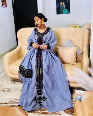 Timeless Blue Raya Ethiopian Traditional Dress: with Authentic Handmade Embroidery Habesha Dress Cultural Habesha Kemis